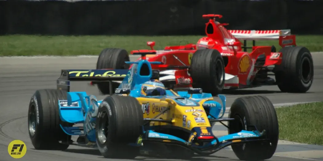 Fernando Alonso and Michael Schumacher in the 2005 San Marino Grand Prix