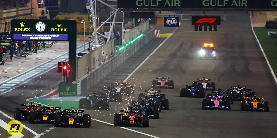 Max Verstappen and Charcles Leclerc battle for track position ahead of the field at the start during the 2023 Bahrain Grand Prix-Getty Images / Red Bull Content Pool