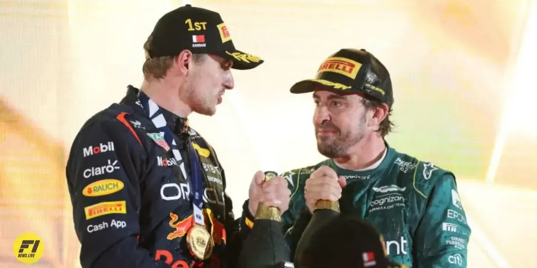 Fernando Alonso and Max Verstappen on the podium at Bahrain GP 2023