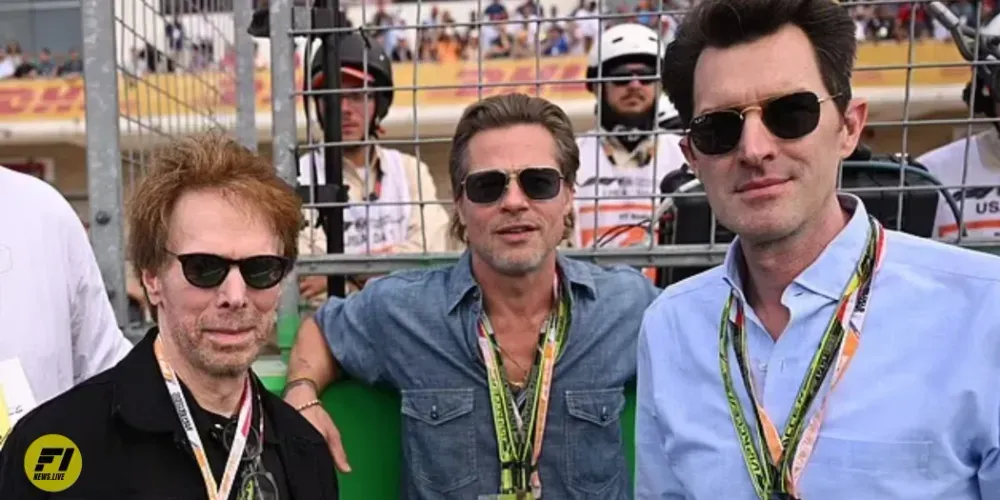 Film producer Jerry Bruckheimer, Brad Pitt, and film director Joseph Kosinski ahead of the race at the Circuit of the Americas 2022 