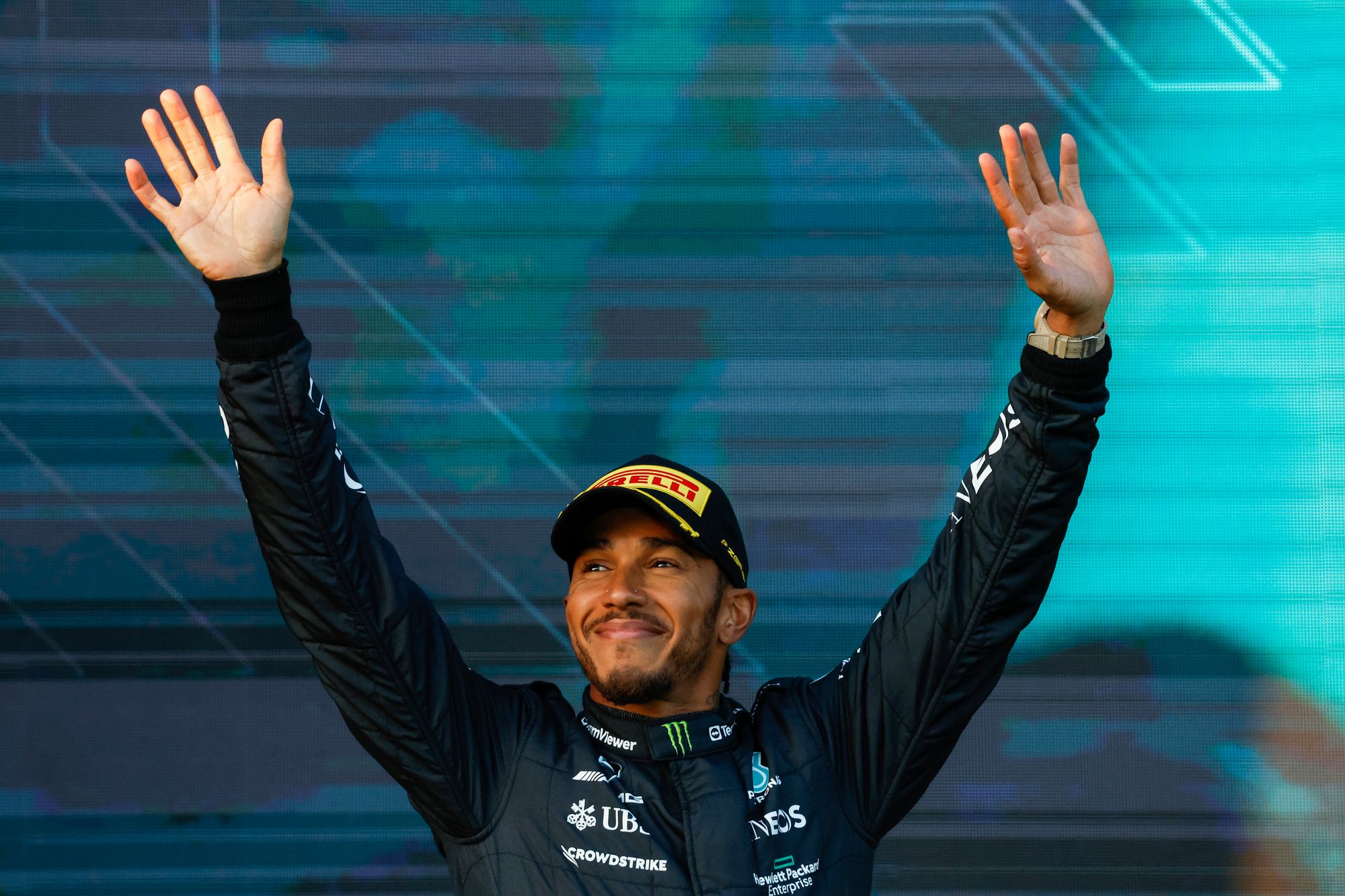 Lewis Hamilton on the podium after Australian Grand Prix 2023 race