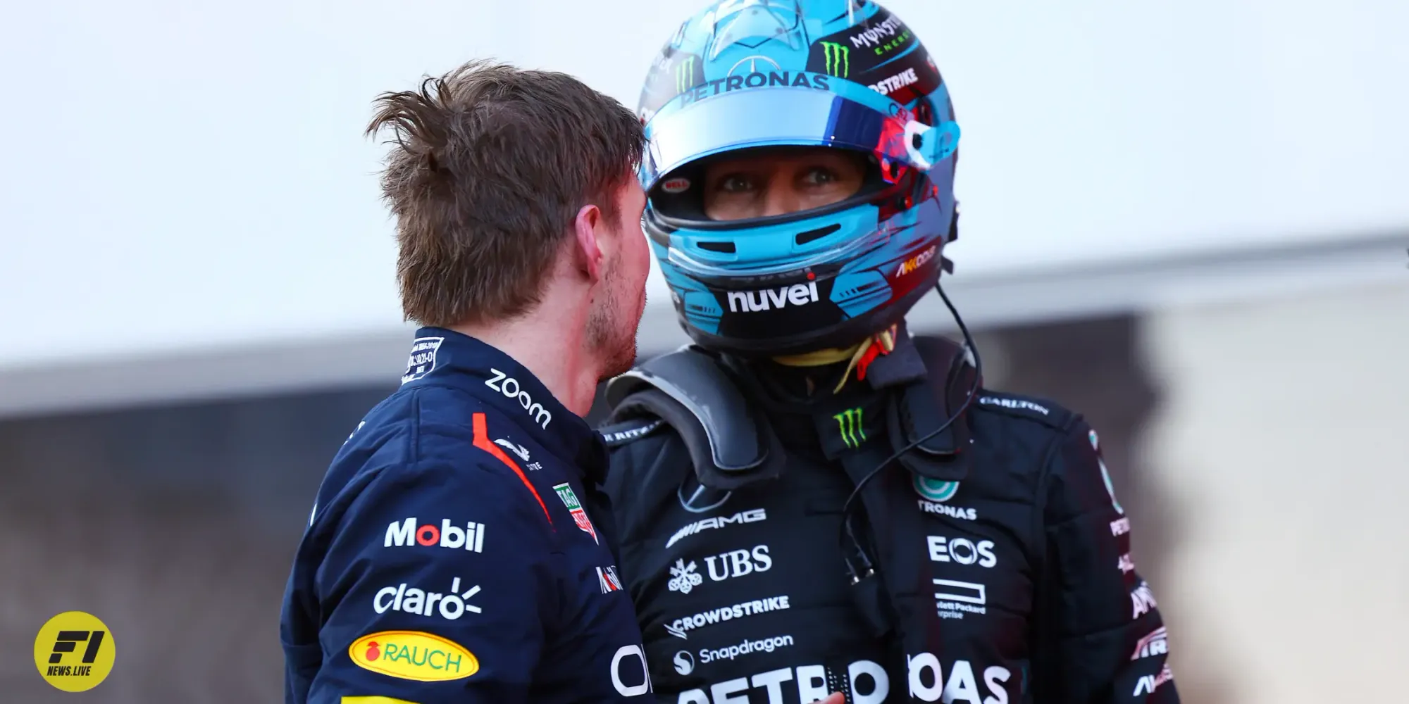 Max Verstappen and George Russell after the Azerbaijan GP Sprint Race-Red Bull Content Pool