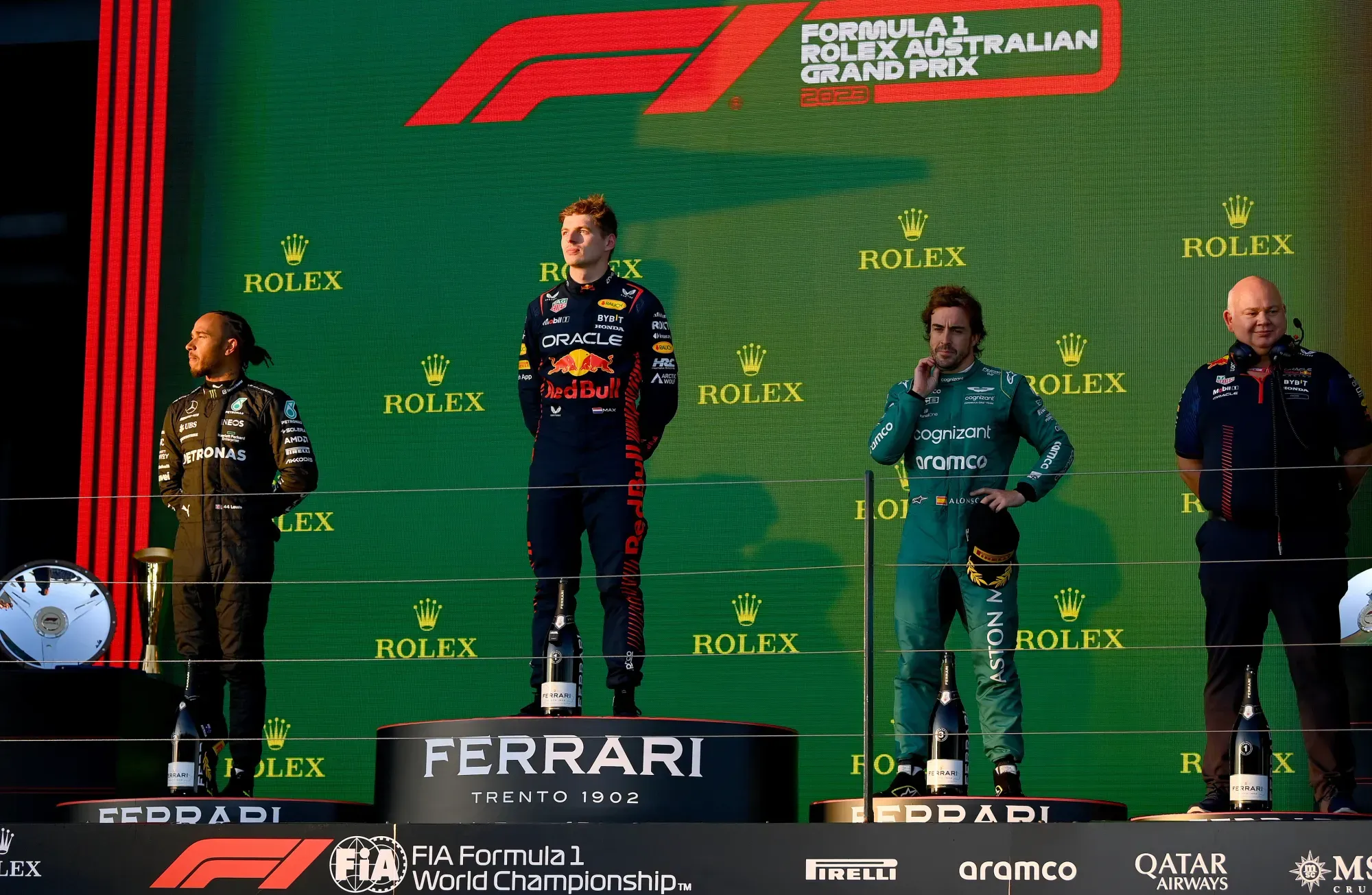 Lewis Hamilton P2 (left), Max Verstappen P1 (center), Fernando Alonso P3 (right)-Getty Images / Red Bull Content Pool