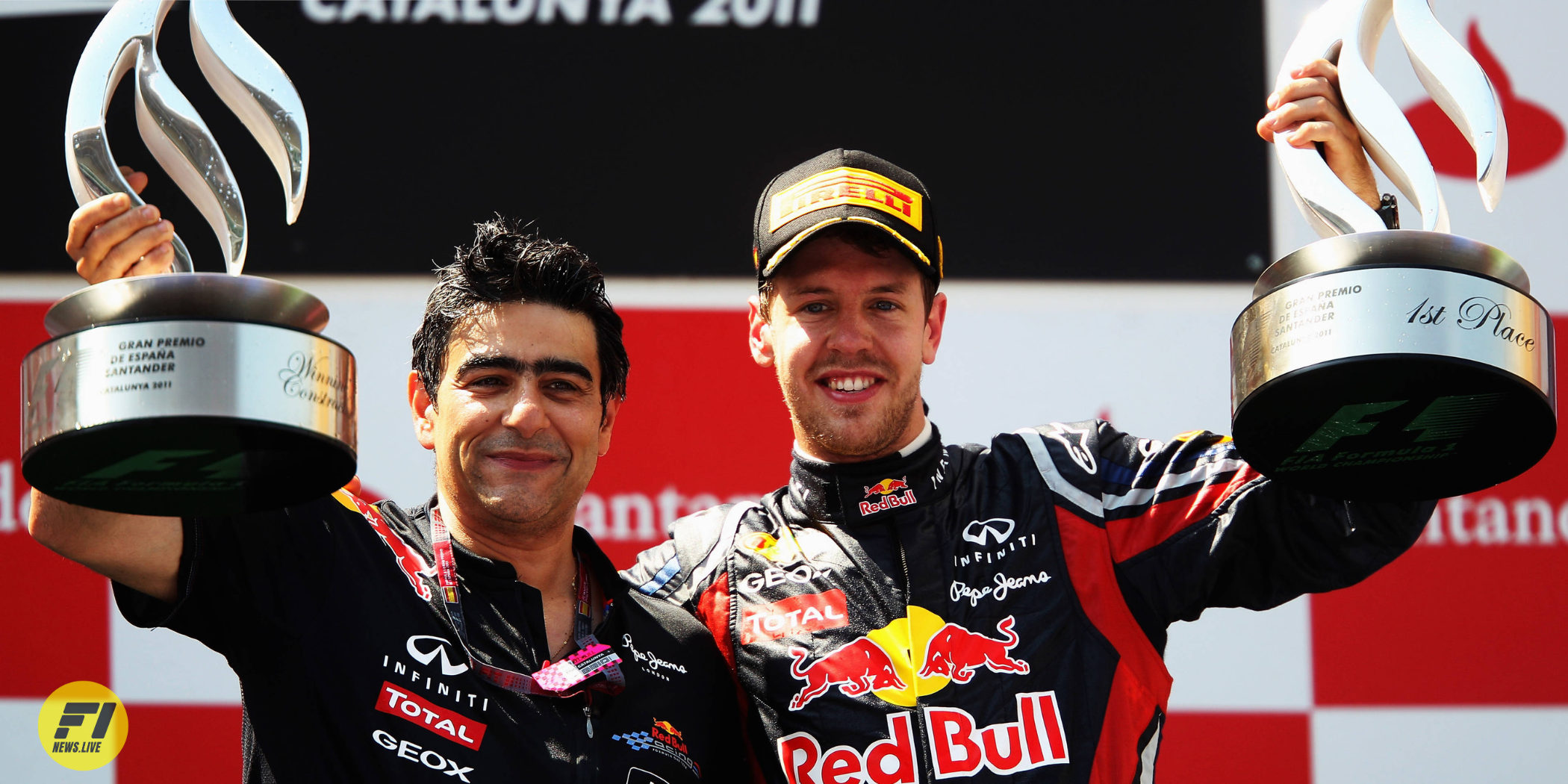 Peter Prodromou and Sebastian Vettel on the podium of the 2011 Spanish Grand Prix-Red Bull Content Pool 