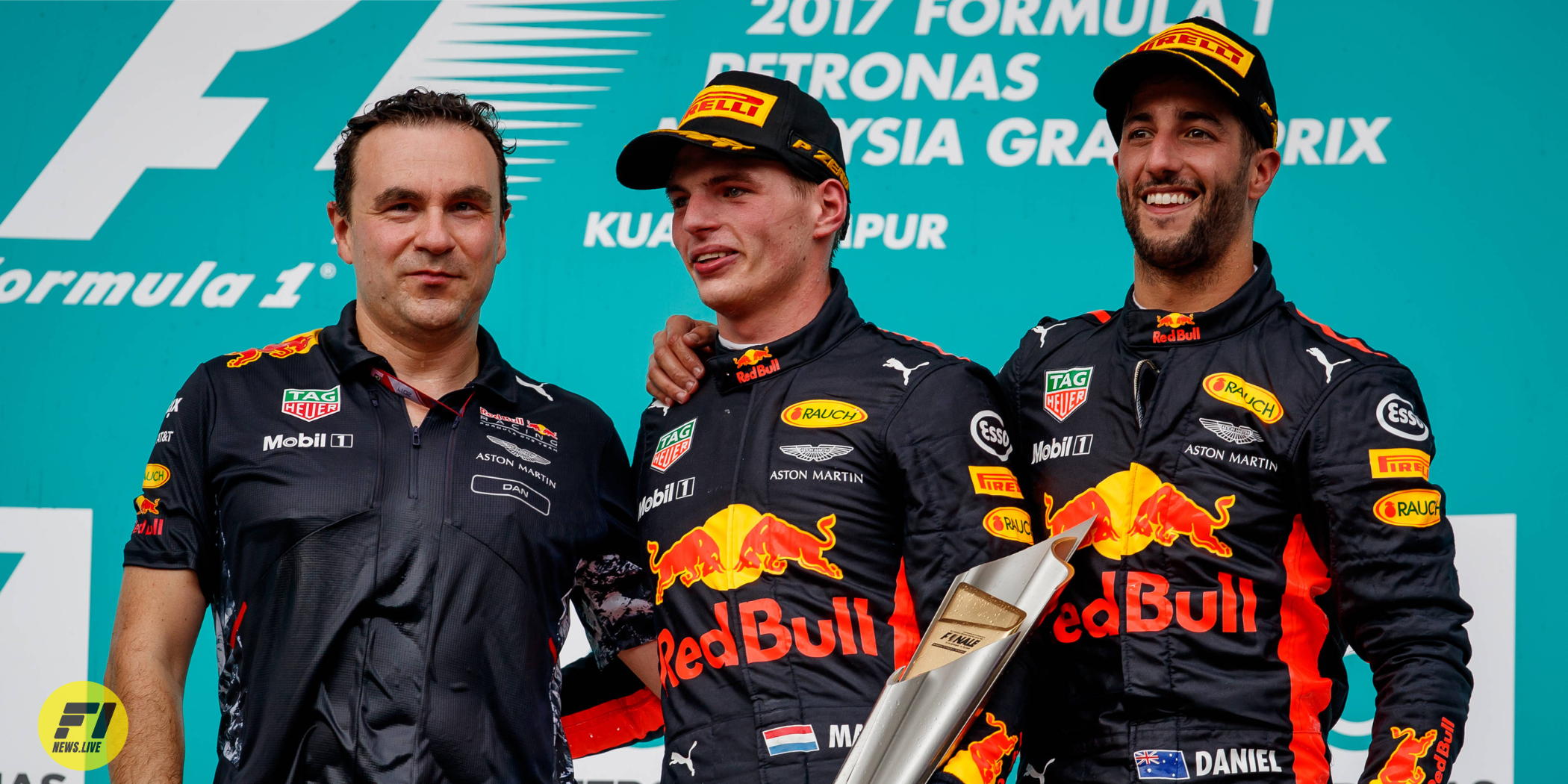 Dan Follows, Max Verstappen and Daniel Ricciardo on the Podium of the 2017 Malaysia Grand Prix-Red Bull Content Pool 