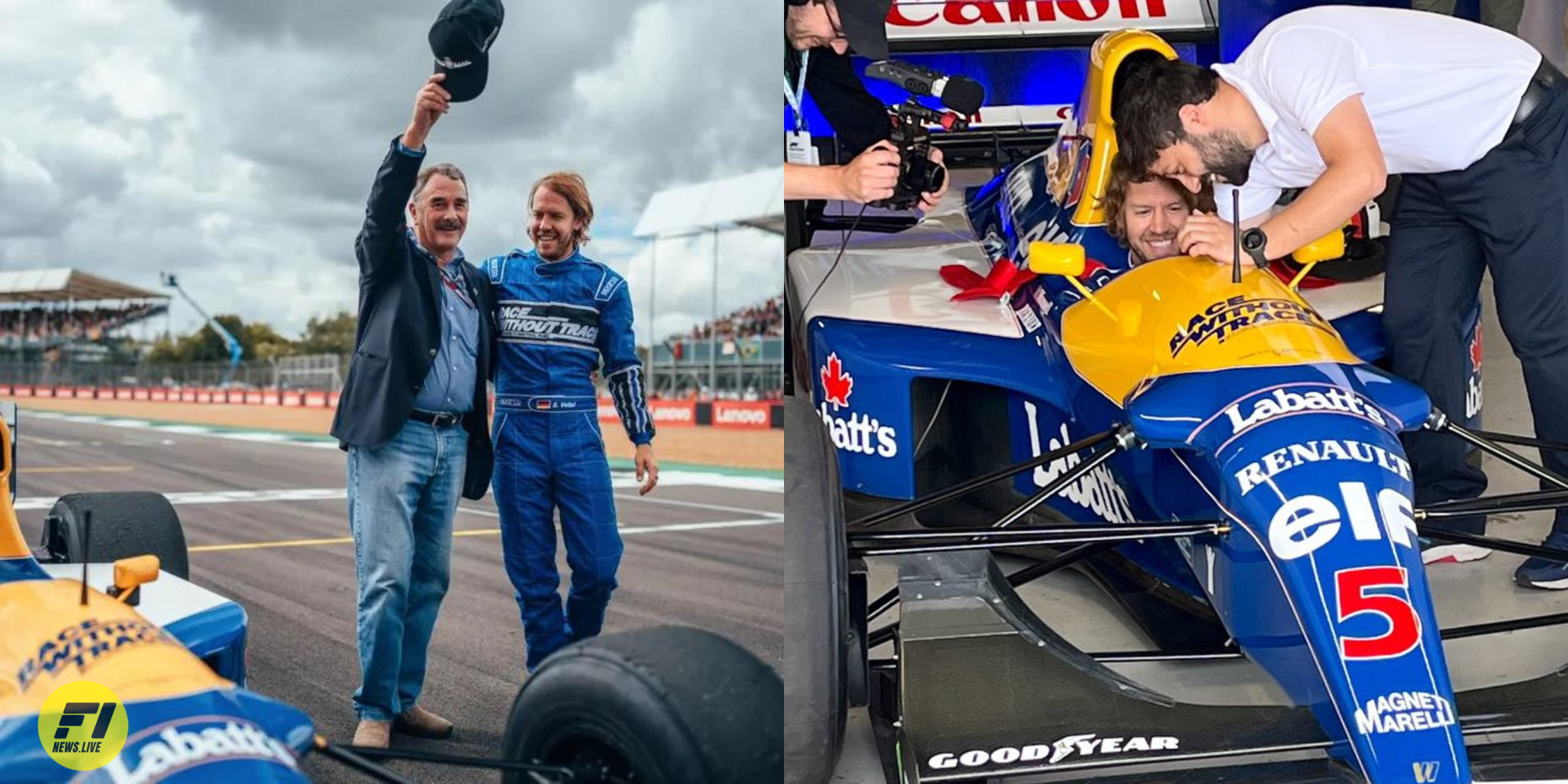 Sebastian Vettel and Nigel Mansel at the demonstration run of the Williams FW14B with carbon neutral fuel.-Credit: Williams 