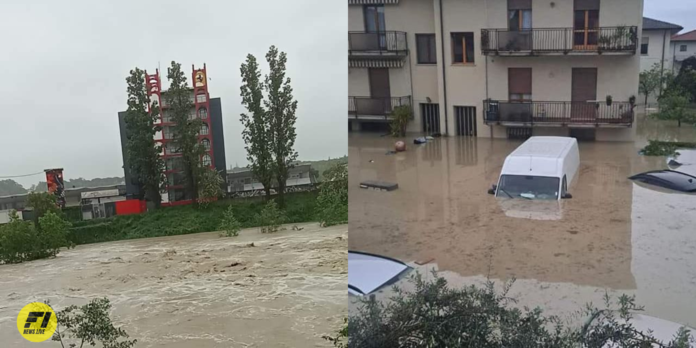 The Santerno River, adjacent to the Enzo and Dino Ferrari Circuit in Imola, is dangerously close to breaching its banks.