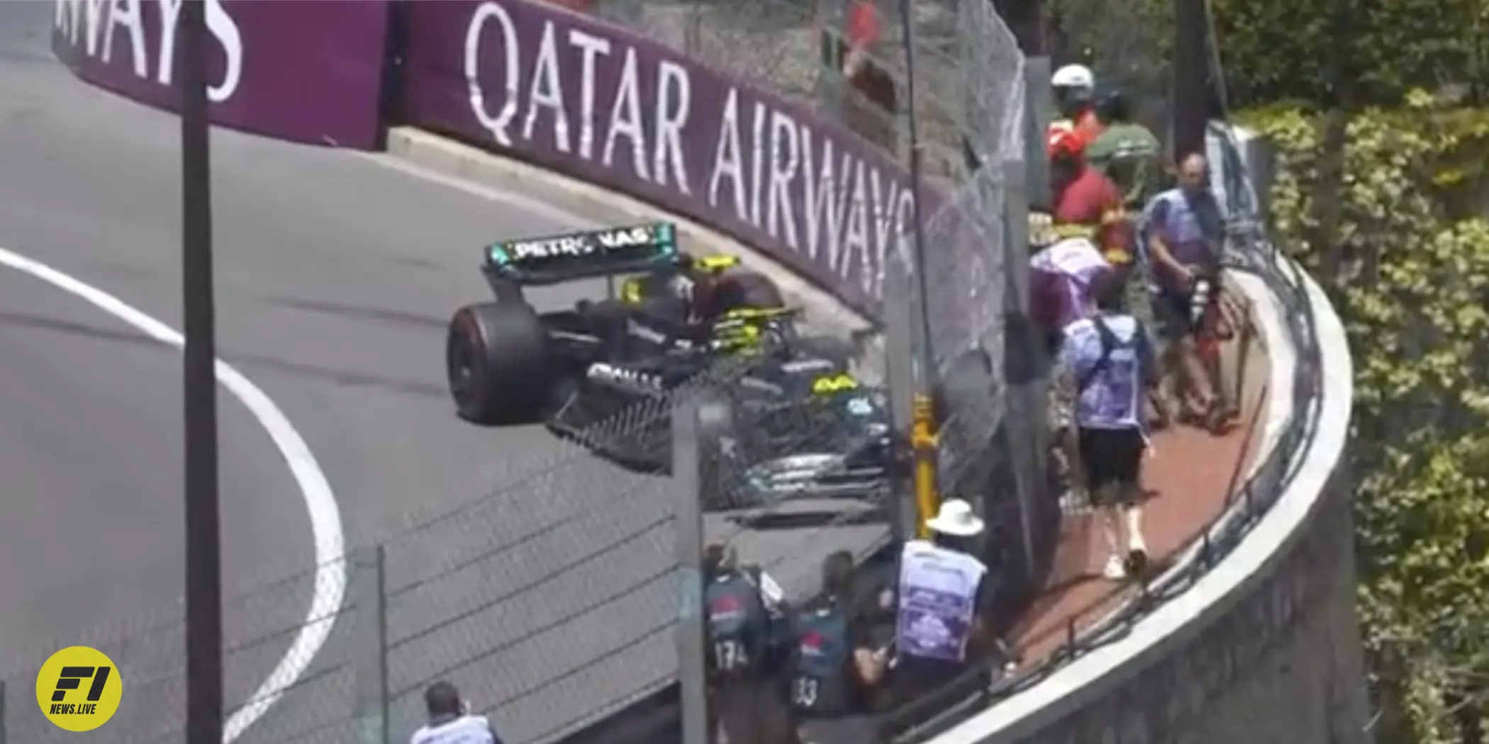 Lewis Hamilton in the barriers during the final practice session at the 2023 Monaco Grand Prix - Credit: F1 TV