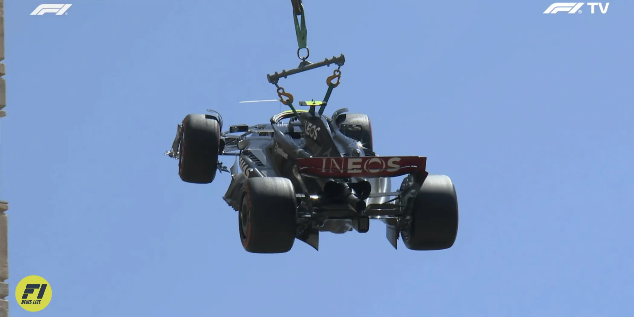 Lewis Hamilton's car being lifted in the air in at the final practice session at the 2023 Monaco Grand Prix - Credit: F1 TV