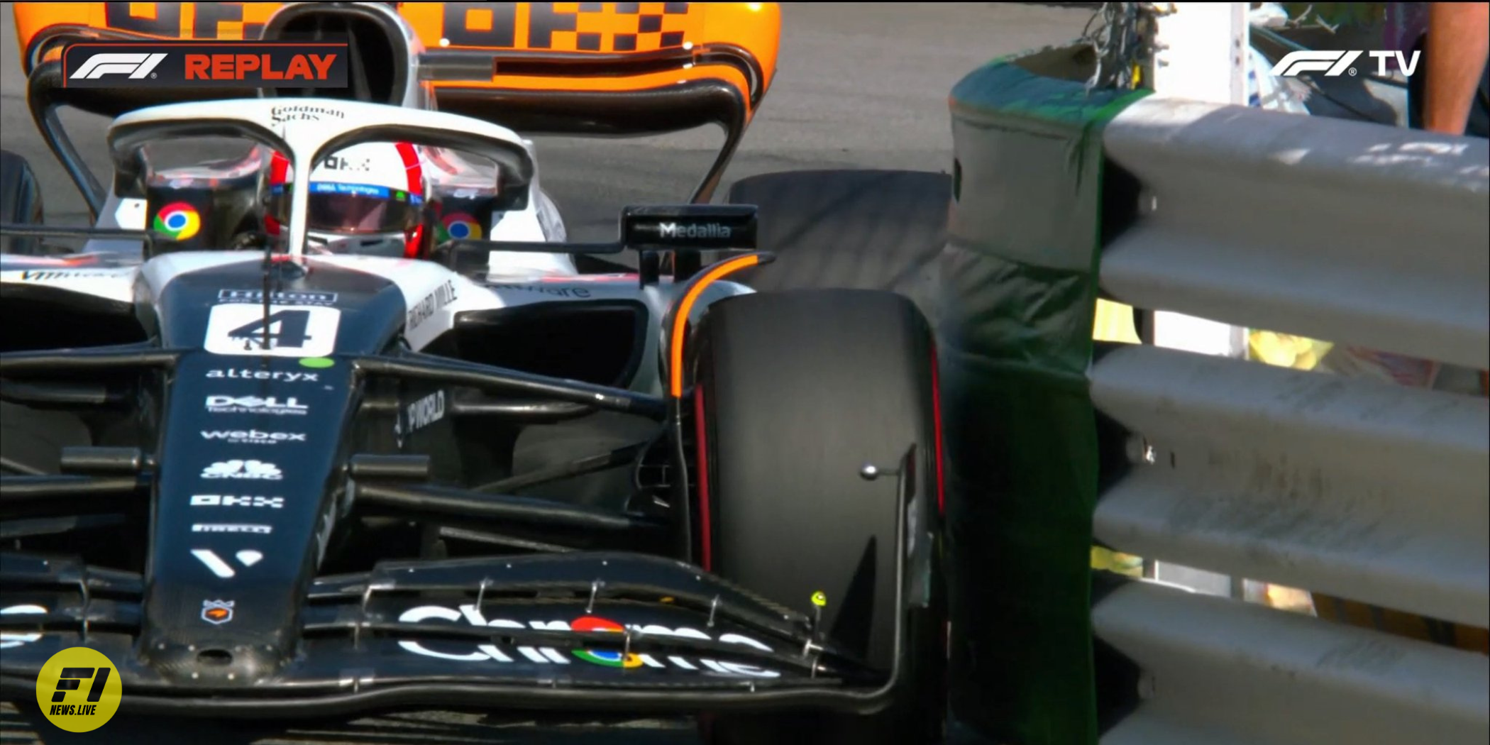 Lando Norris touching the barriers in Q2 the 2023 Monaco Grand Prix-Credit: F1 TV