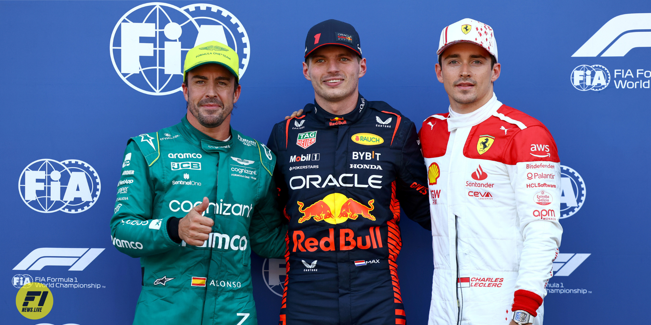 Fernando Alonso, Max Verstappen and Charles Leclerc after qualifying at the 2023 Monaco Grand Prix-Red Bull Content Pool