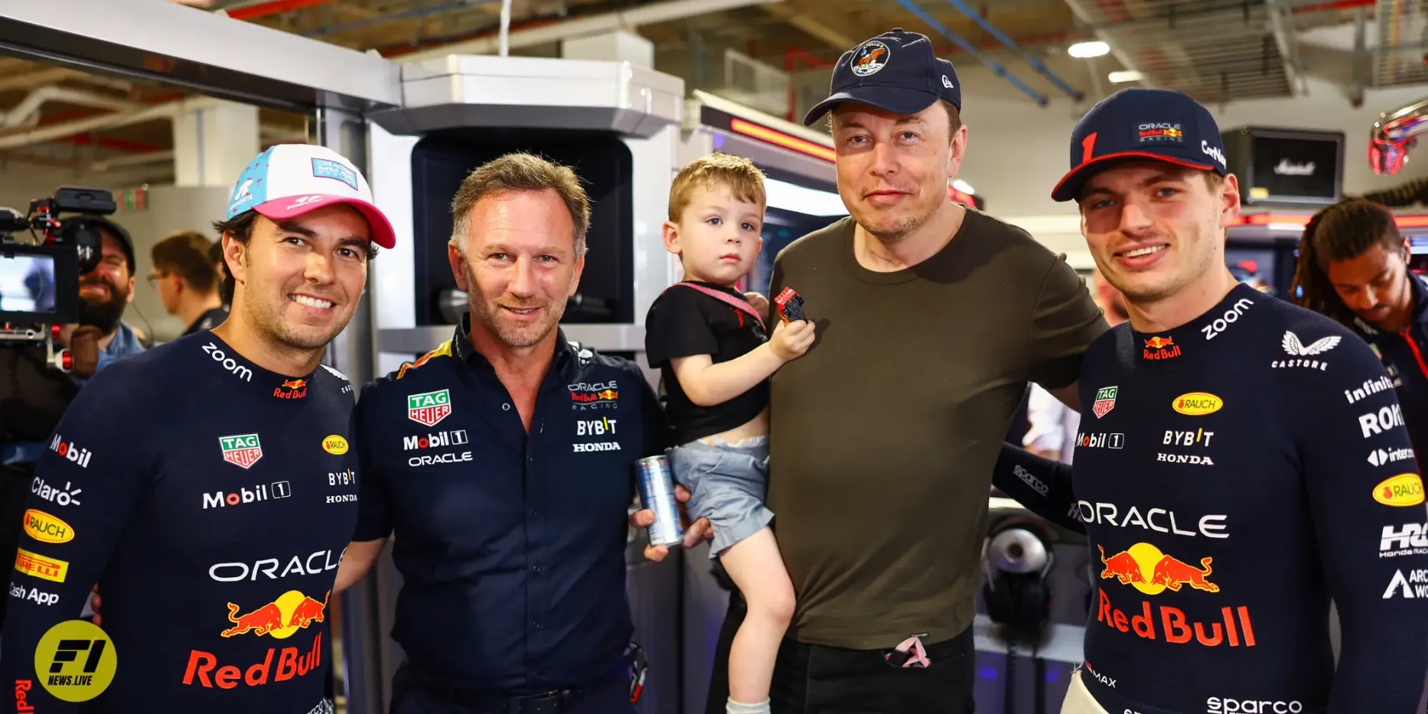 Elon Musk at the Red Bull garage during the 2023 Miami Grand Prix 