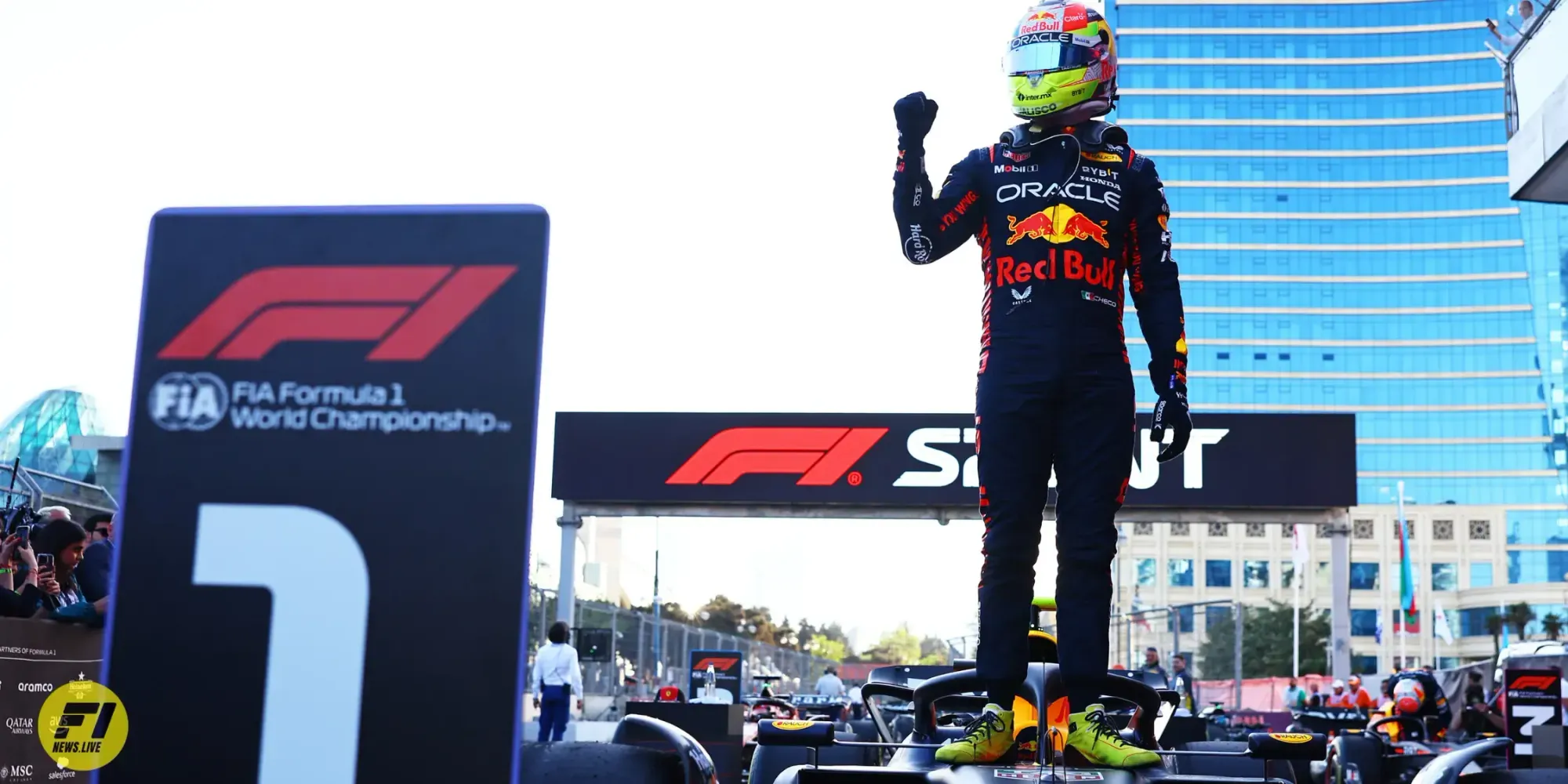 Sergio Perez after his victory in the Azerbaijan GP Sprint Race-Red Bull Content Pool