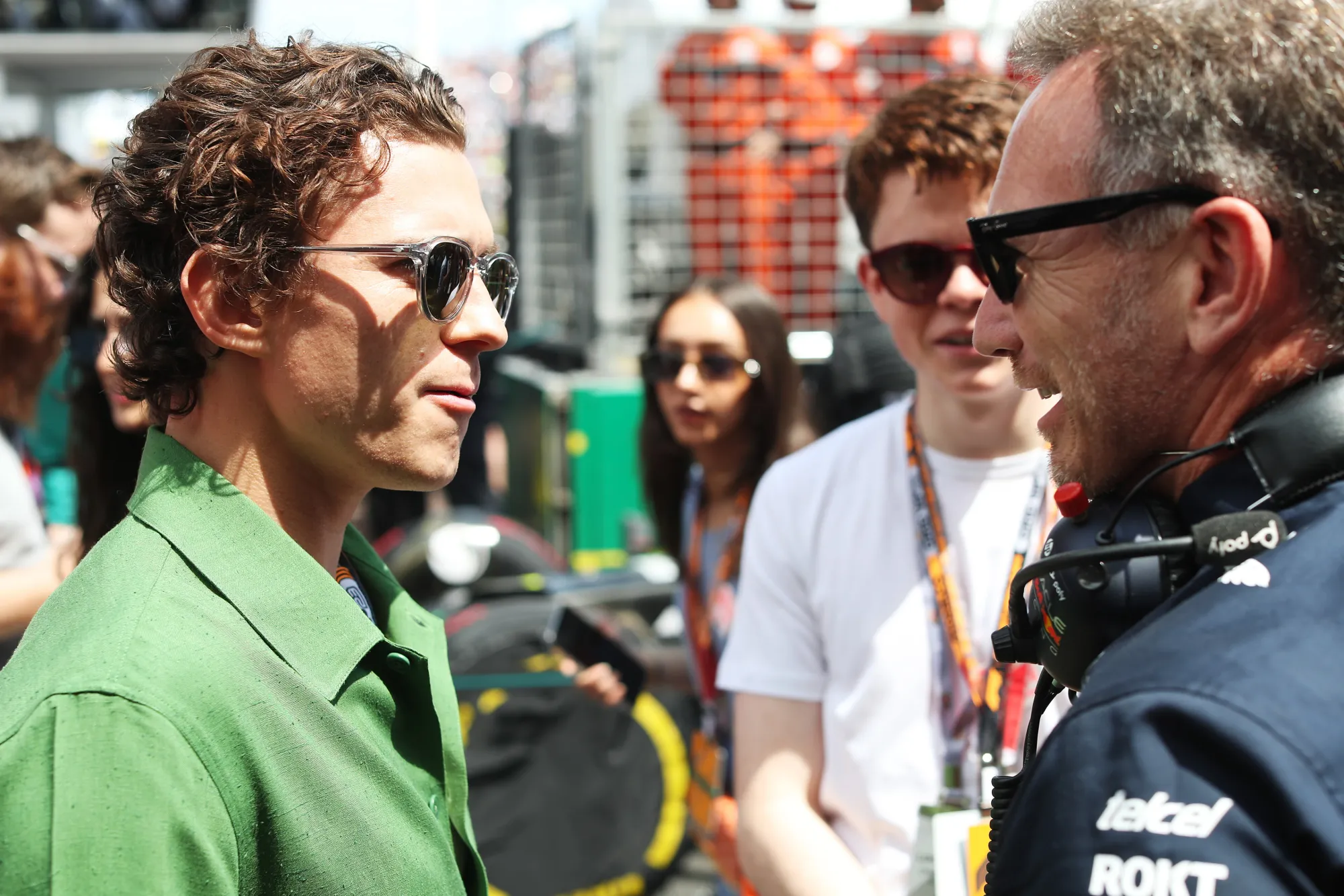 Tom Holland and Christian Horner in the pitlane at the 2023 Monaco Grand Prix-Red Bull Content Pool