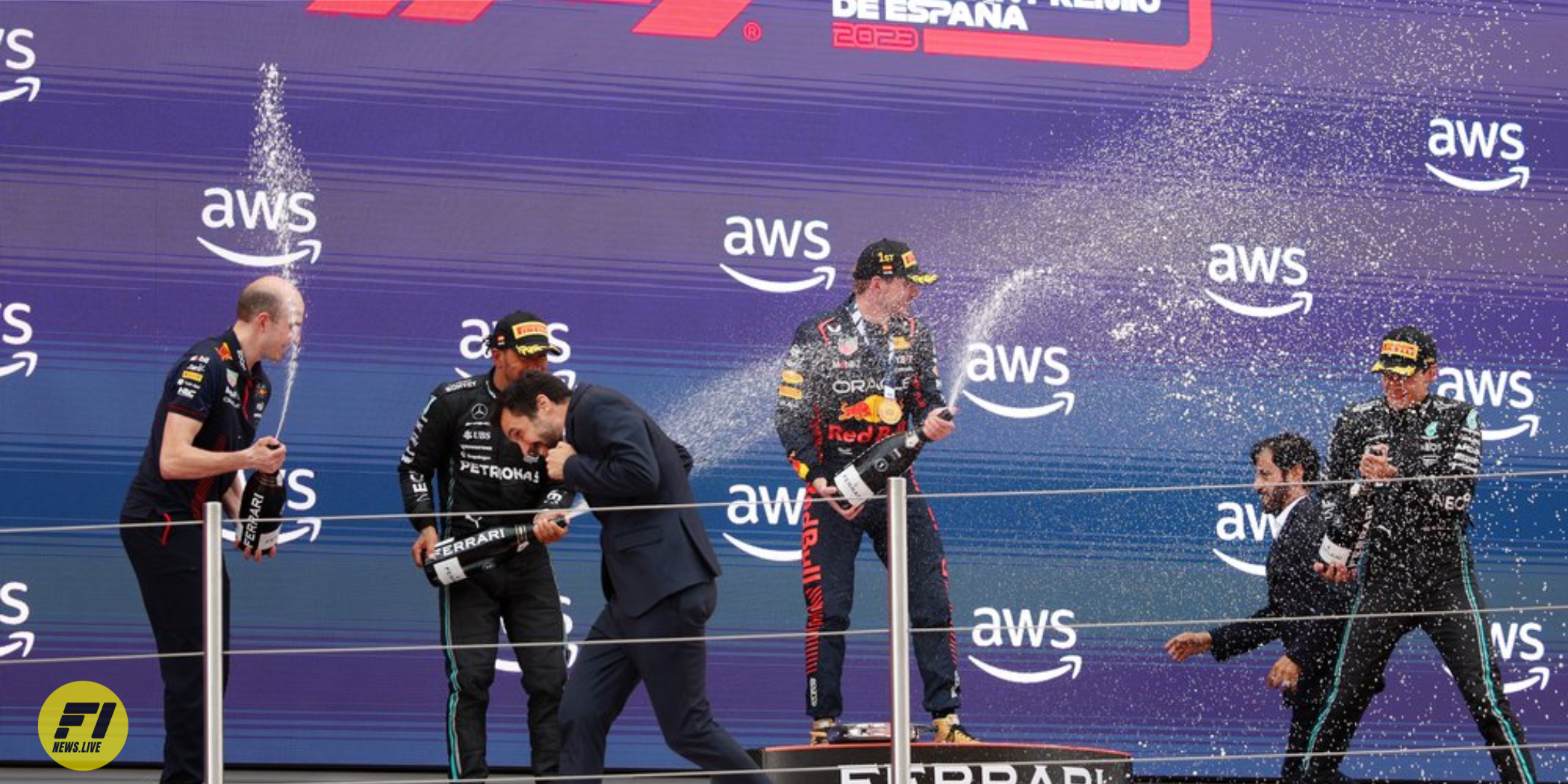 Max Verstappen, Lewis Hamilton, George Russel at the podium of the 2023 Spanish Grand Prix-Red Bull Content Pool 