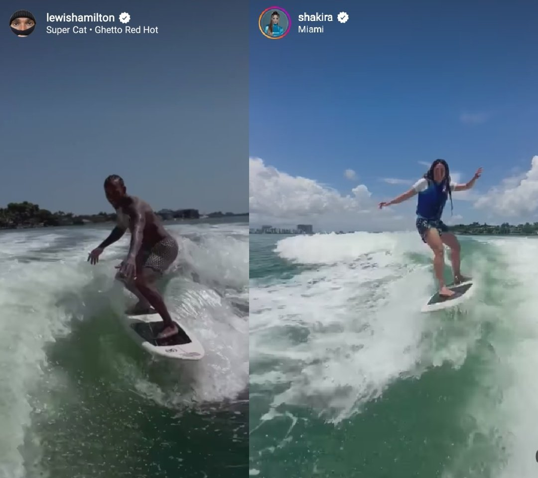 Lewis Hamilton and Shakira surfing in Miami-Instagram 