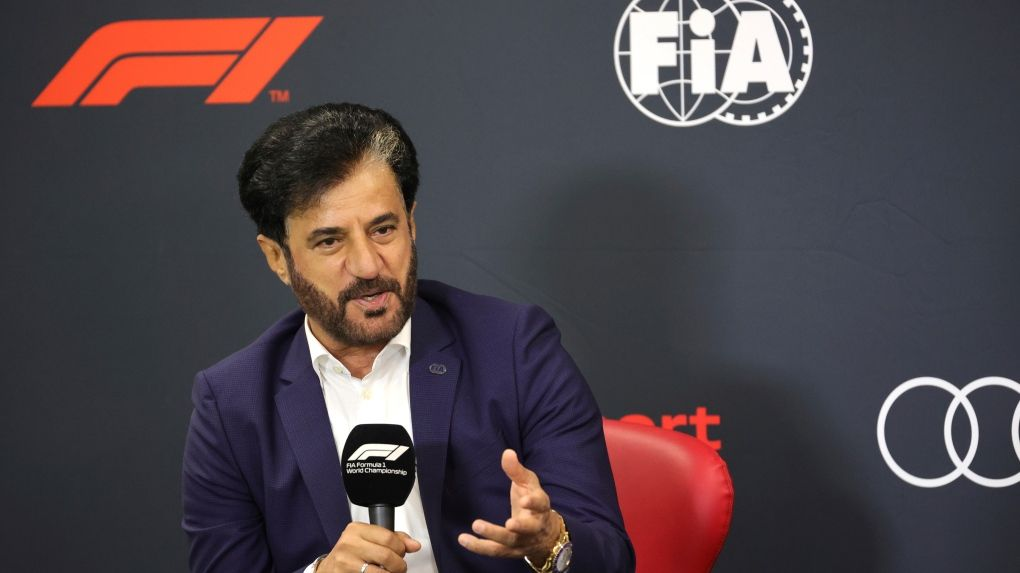 President of FIA Mohammed Ben Sulayem addresses a media conference ahead of the Formula One Grand Prix at the Spa-Francorchamps racetrack in Spa, Belgium, Friday, Aug. 26, 2022.