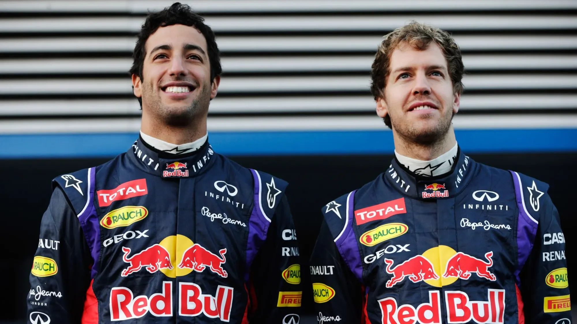 Daniel Ricciardo (Left) and Sebastian Vettel (Right) all smiles at the start of the 2014 season (Image Credit: Sky Sports)