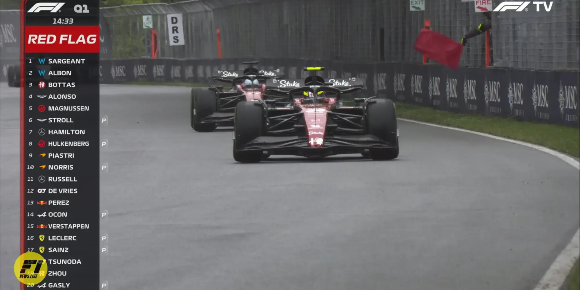 Zhou Guanyu casuing a red flag during qualifying at the 2023 Canadian Grand Prix-Credit: F1TV