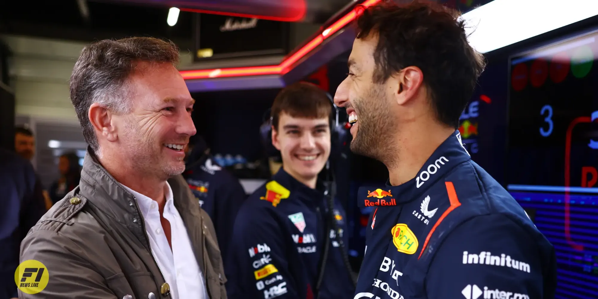 Christian Horner and Daniel Ricciardo in Silverstone during a private test-Red Bull Content Pool