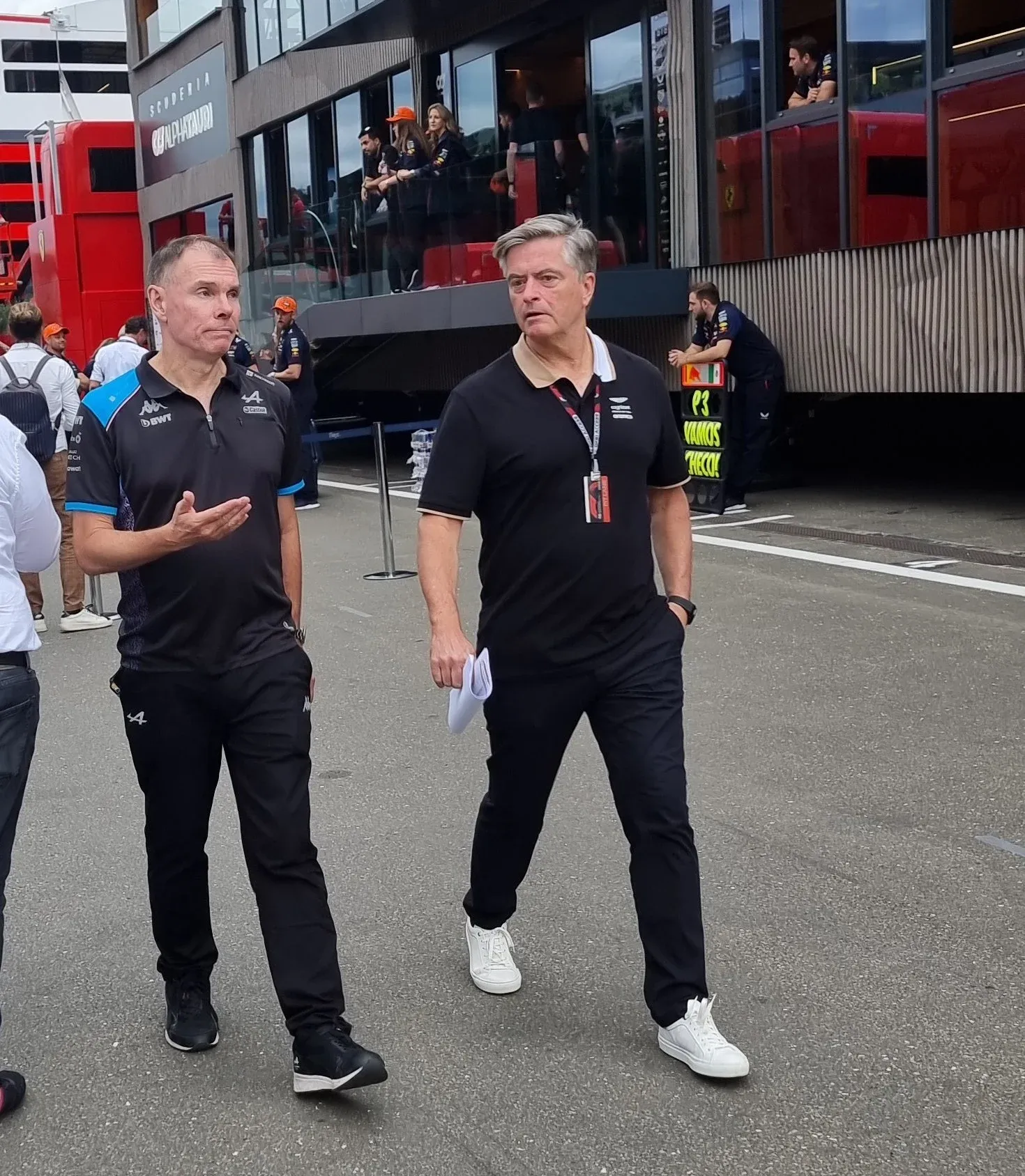 Andy Stevenson, Aston Martin sporting director, on his way to stewards. Credit: Albert Fabrega Twitter 