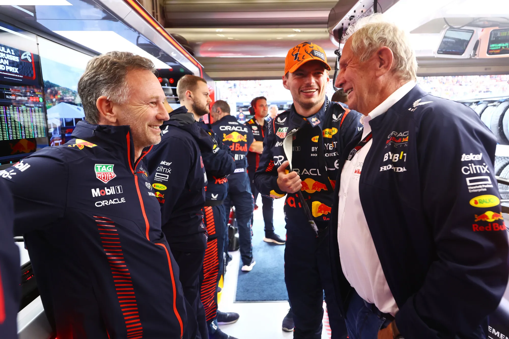 Christian Horner, Max Verstappen and Helmut Marko during the sprint race at the 2023 Belgian GP