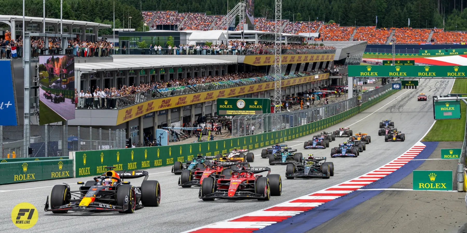 Max Verstappen leading the race on first lap at the 2023 Austrian Grand Prix-Red Bull Content Pool