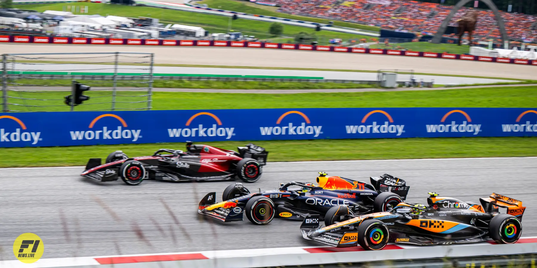 Valtteri Bottas, Sergio Perez and Lando Norris battling at the 2023 Austrian Grand Prix-Red Bull Content Pool