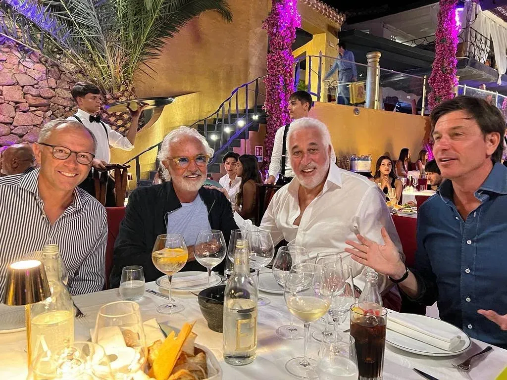 Stefano Domenicali, Flavio Briatore, Lance Stroll and Toto Wolff 