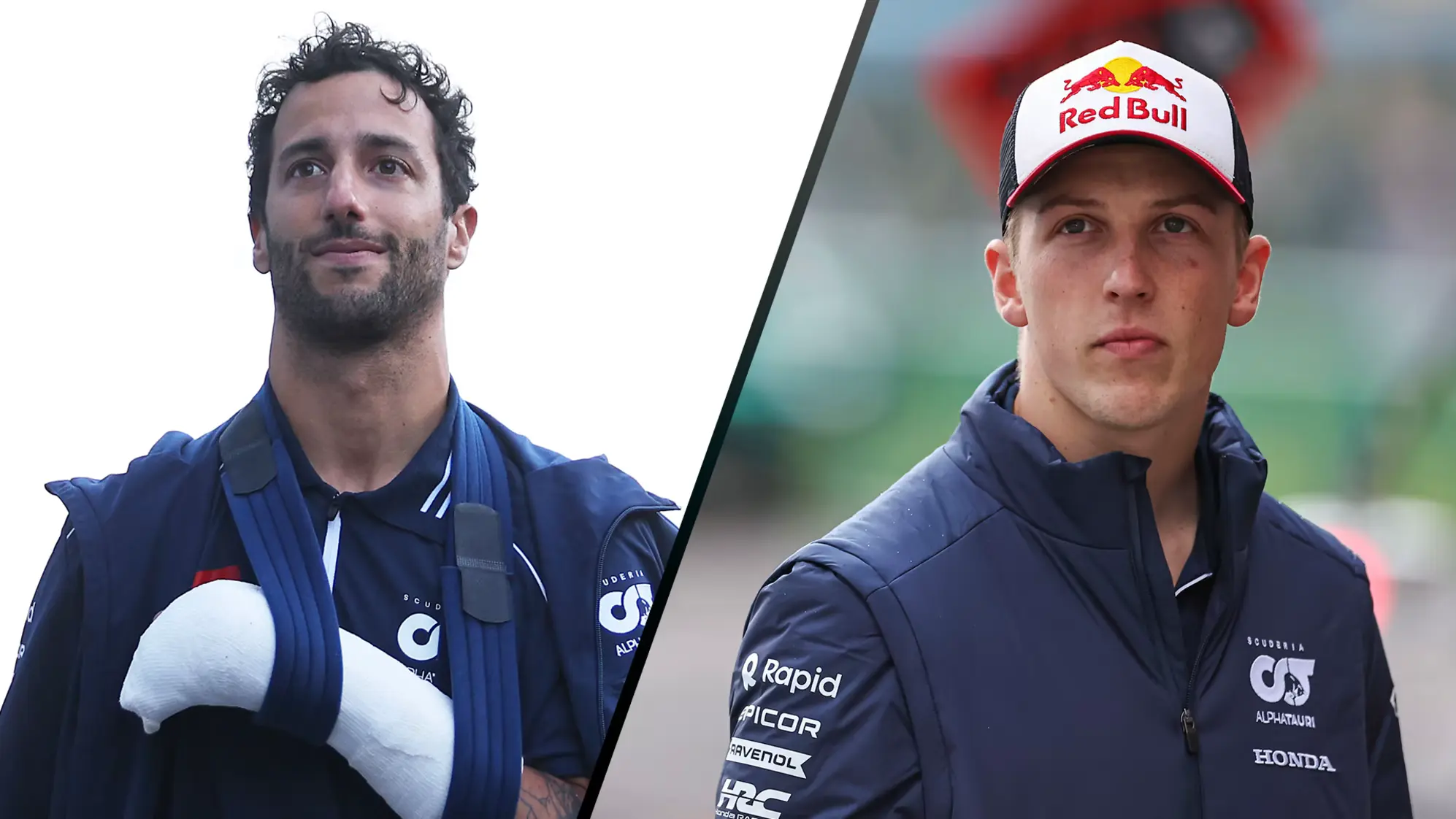 Daniel Ricciardo with a broken arm and Liam Lawsom-Credit: F1 