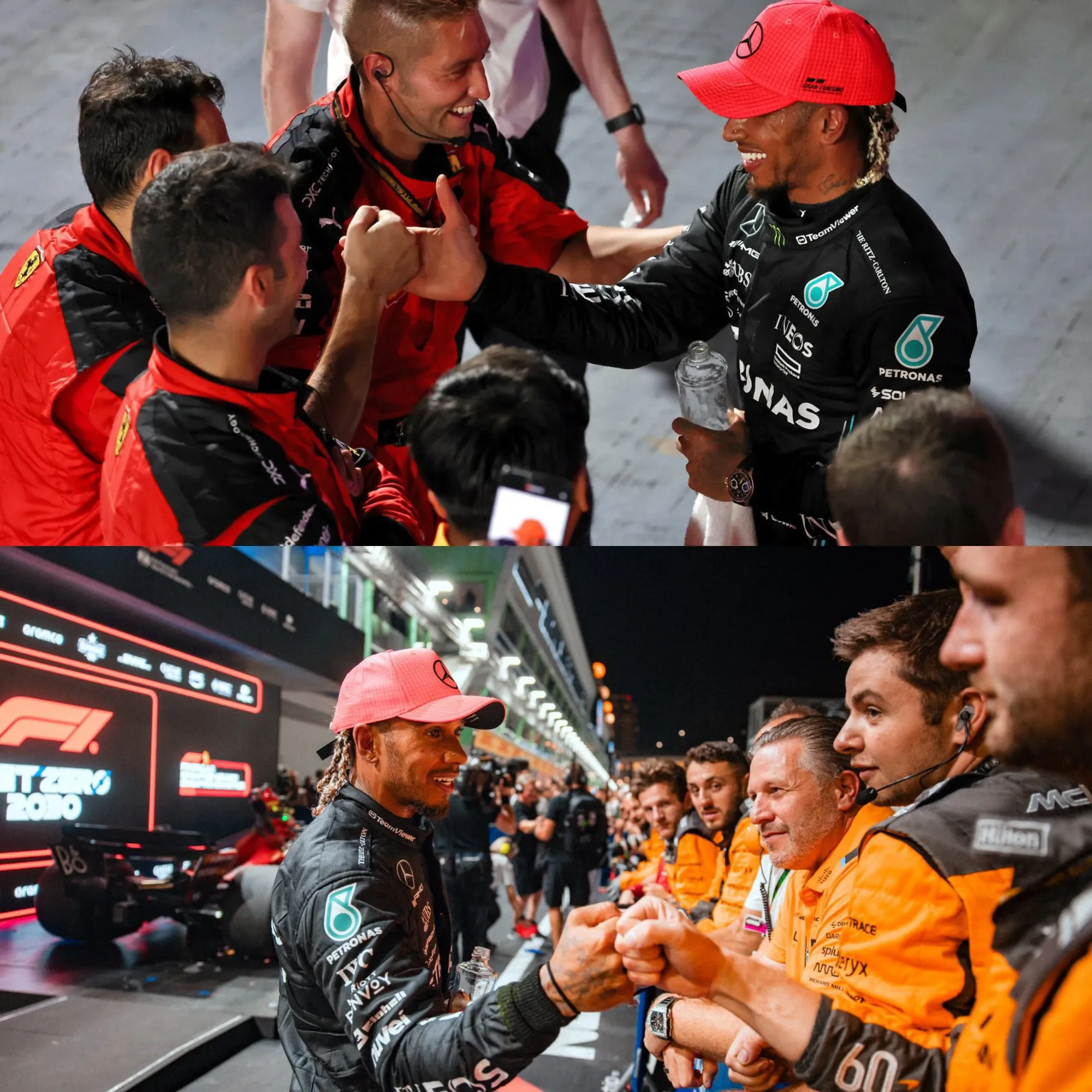 Lewis Hamilton celebrating with Ferrari and McLaren mechanics at the 2023 Singapore GP 