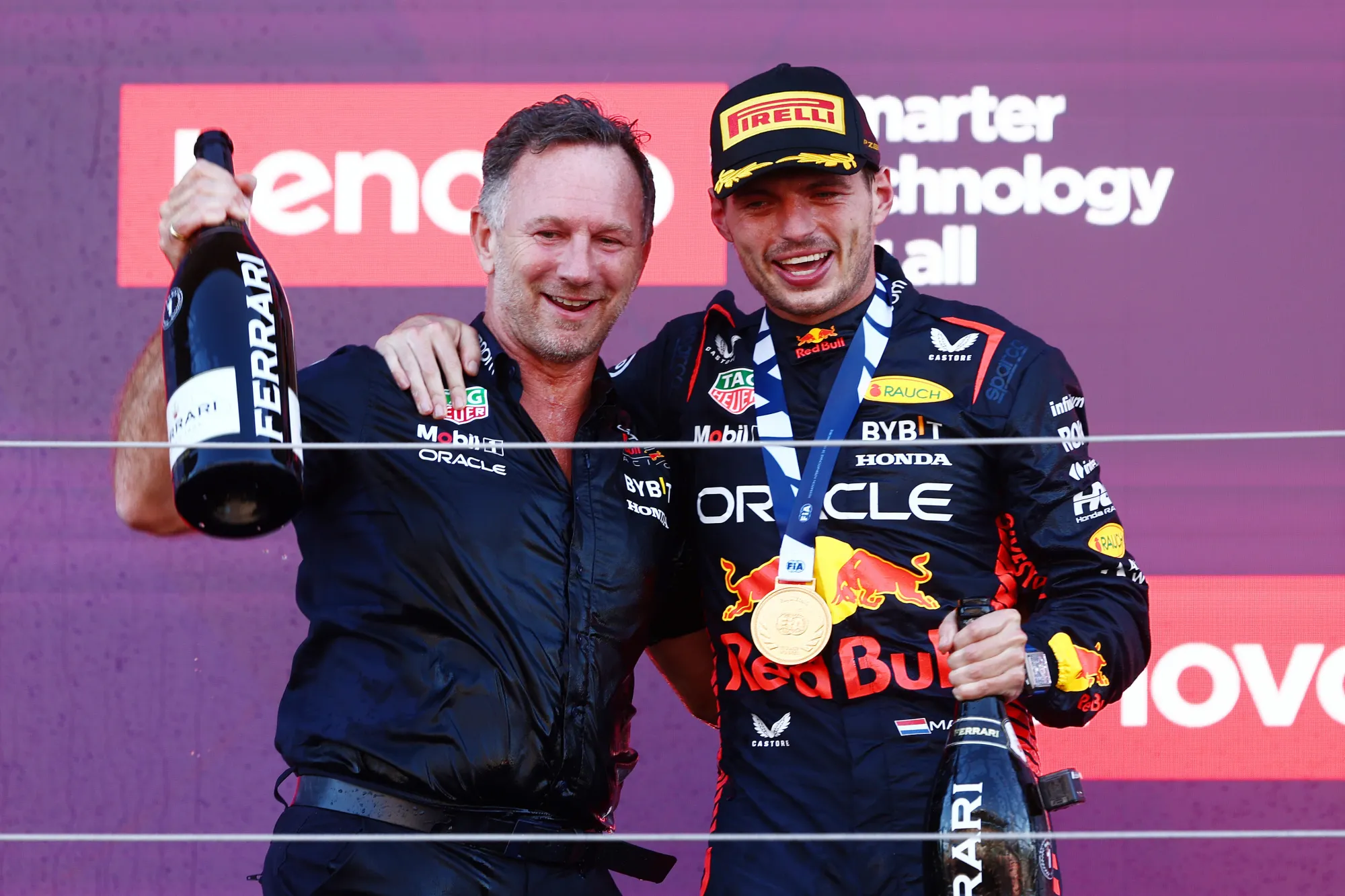 Christian Horner and Max Verstappen celebrating his win at the 2023 Japanese GP-Red Bull Content Pool