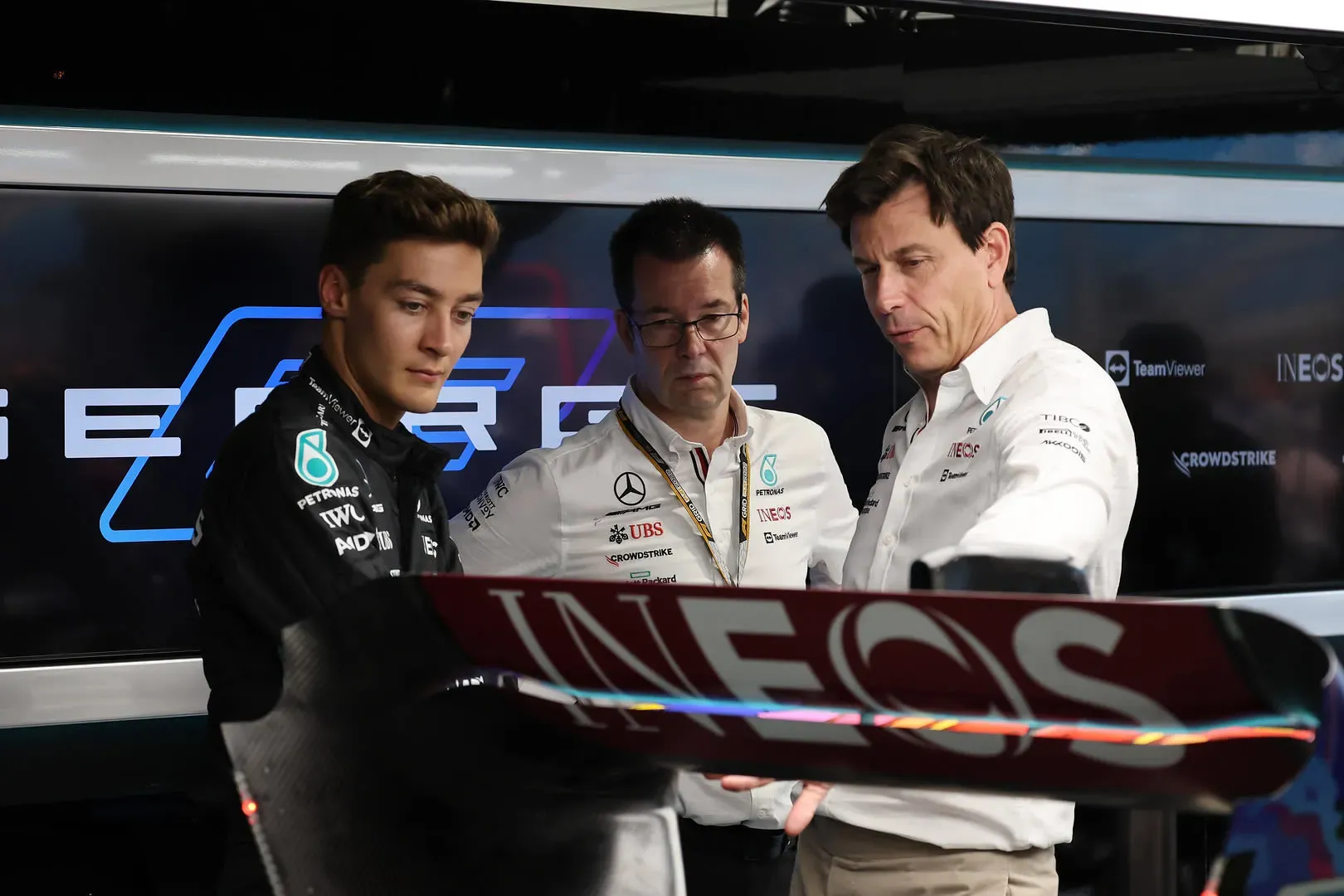 George Russell Mike Elliot and Toto Wolff-Mercedes 