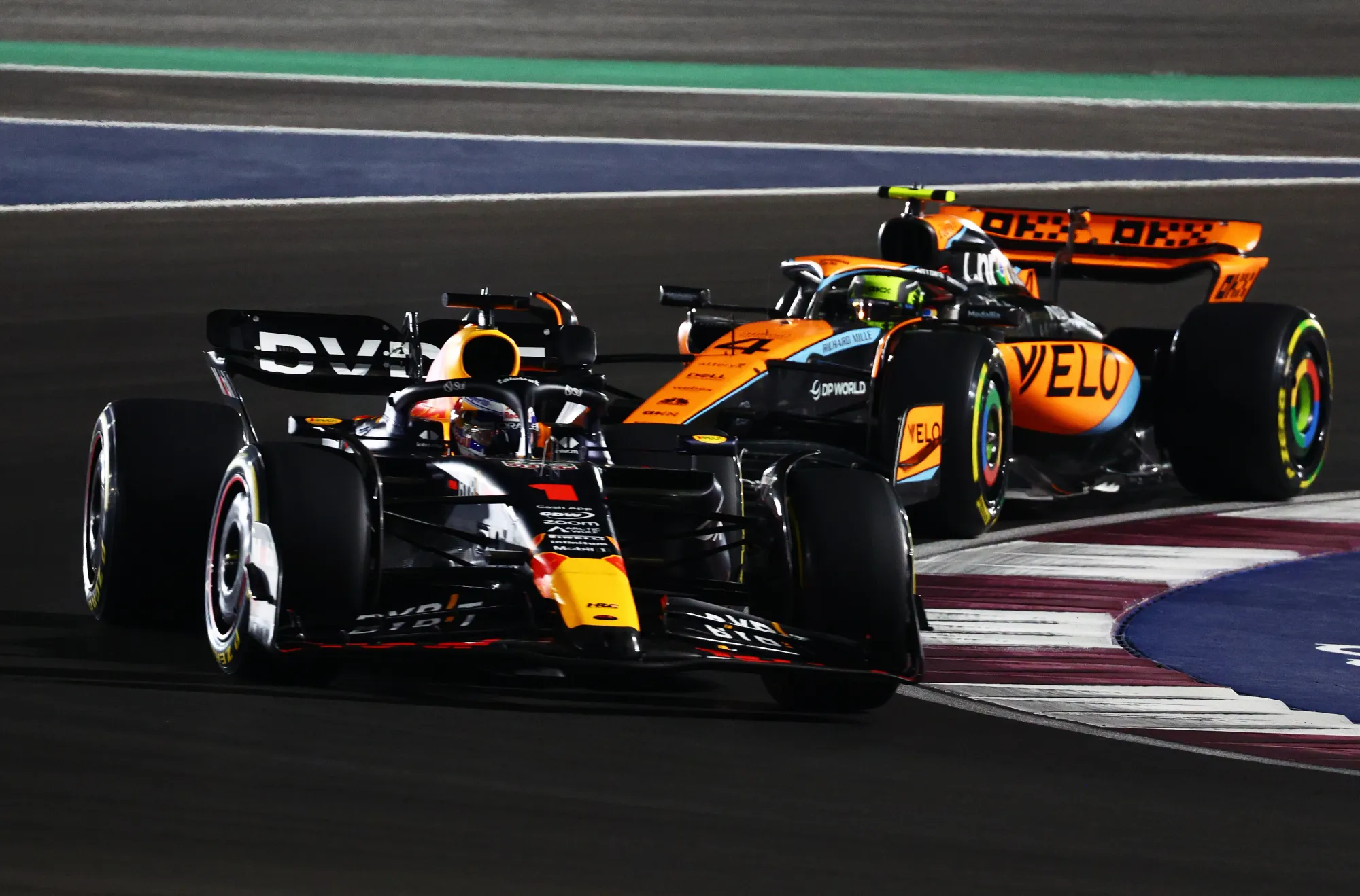 Max Verstappen and Lando Norris at the Sprint Race at the 2023 Qatar GP.- Red Bull content pool