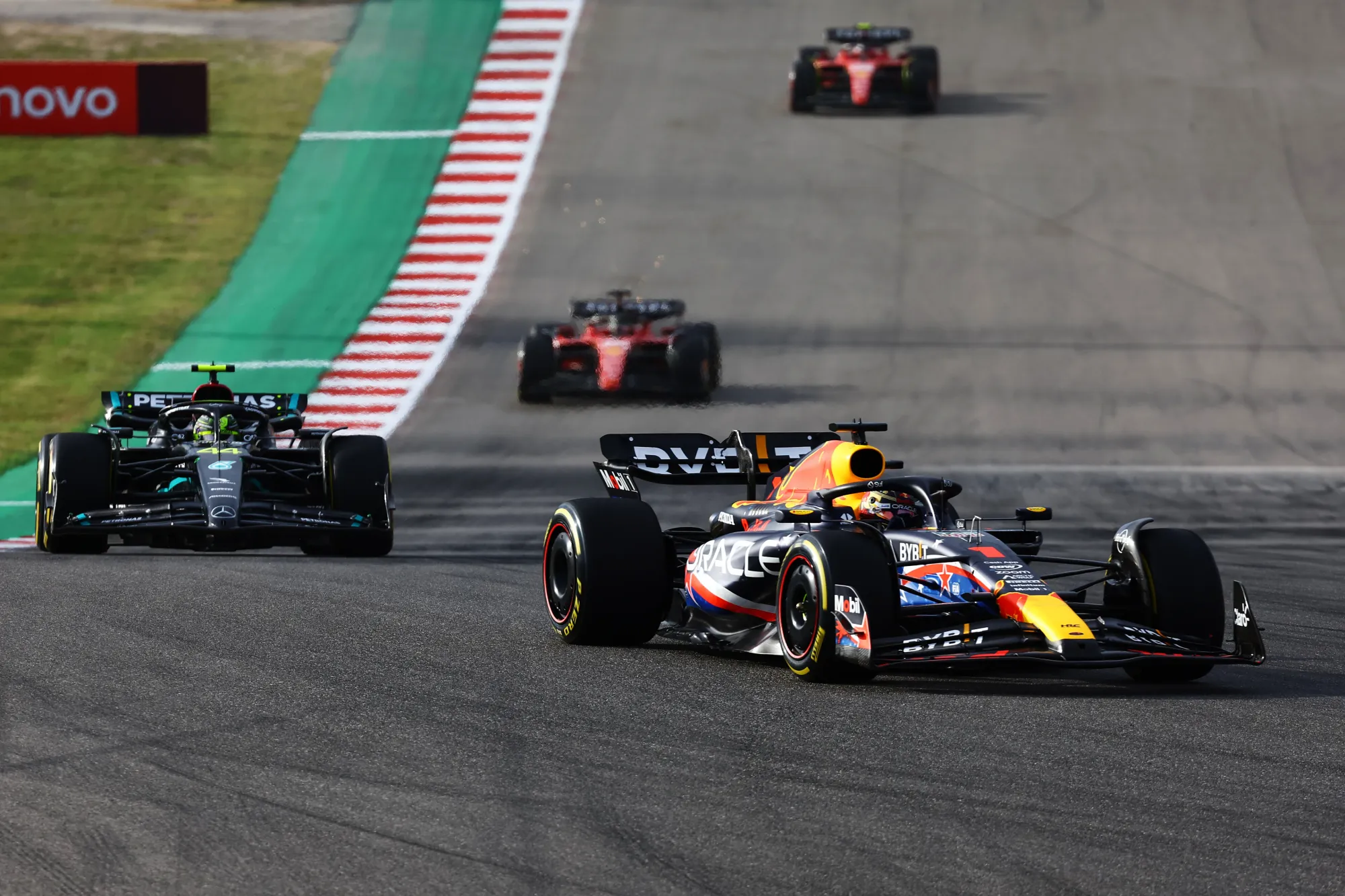 Max Verstappen, Lewis Hamilton and Charles Leclerc during the Sprint at the 2023 USA GP-Red Bull Content Pool