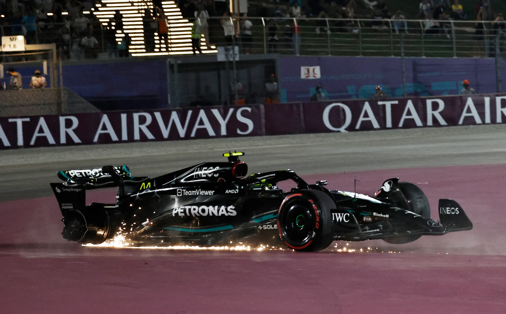 Lewis Hamilton after crashing with George Russell at the 2023 Qatar GP-Credit: Reuters