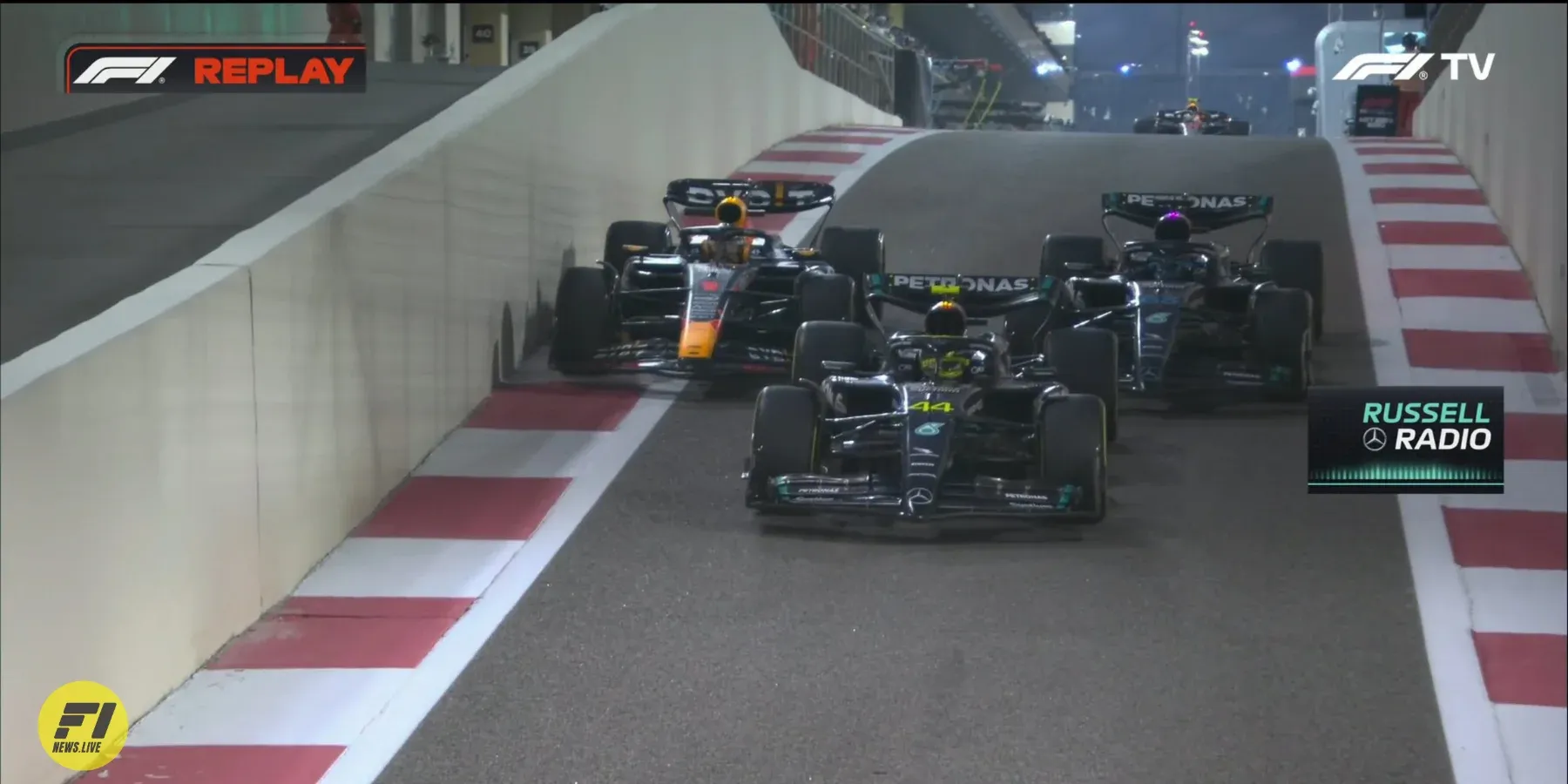 Max Verstappen, George Russell, and Lewis Hamilton fight on the pit lane tunnel, Abu Dhabi Gp 2023