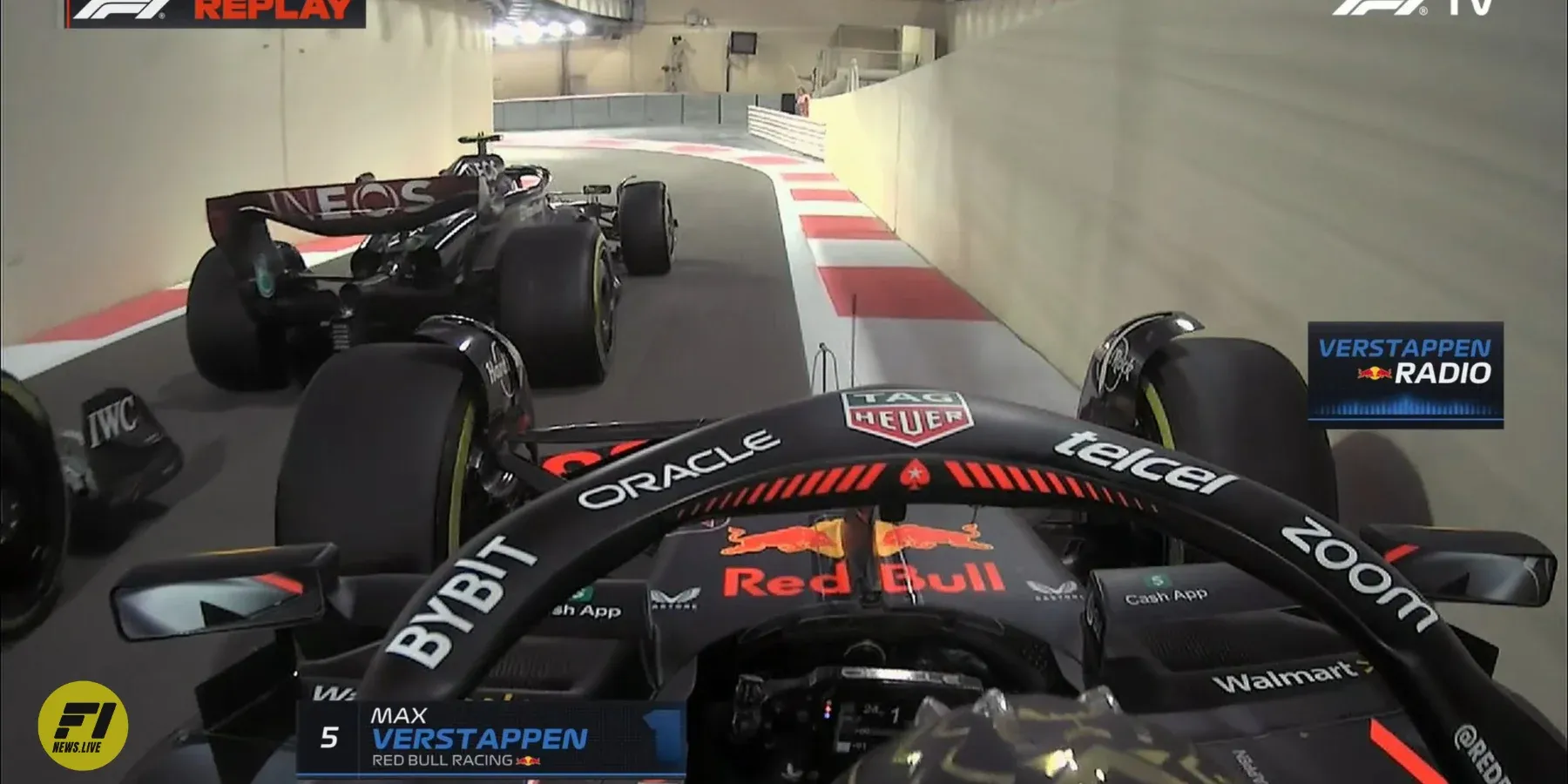 Max Verstappen, George Russell, and Lewis Hamilton fight on the pit lane tunnel, Abu Dhabi Gp 2023