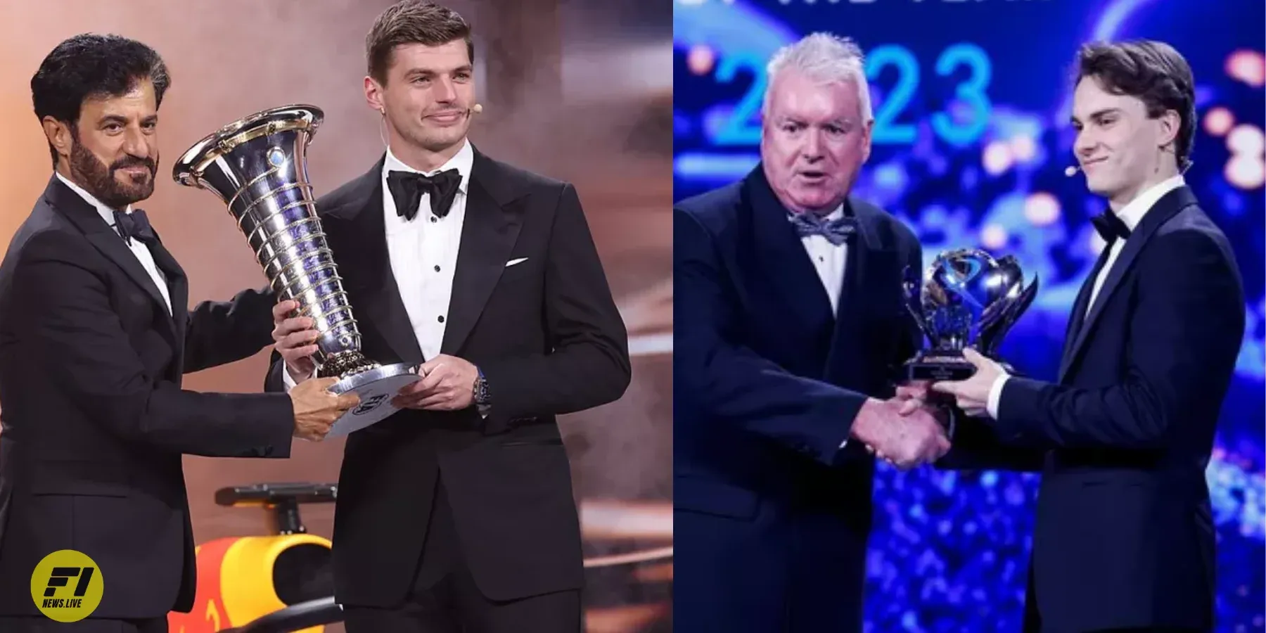 Max Verstappen and Oscar Piastri claiming the trophies during the F1 Gala 2023