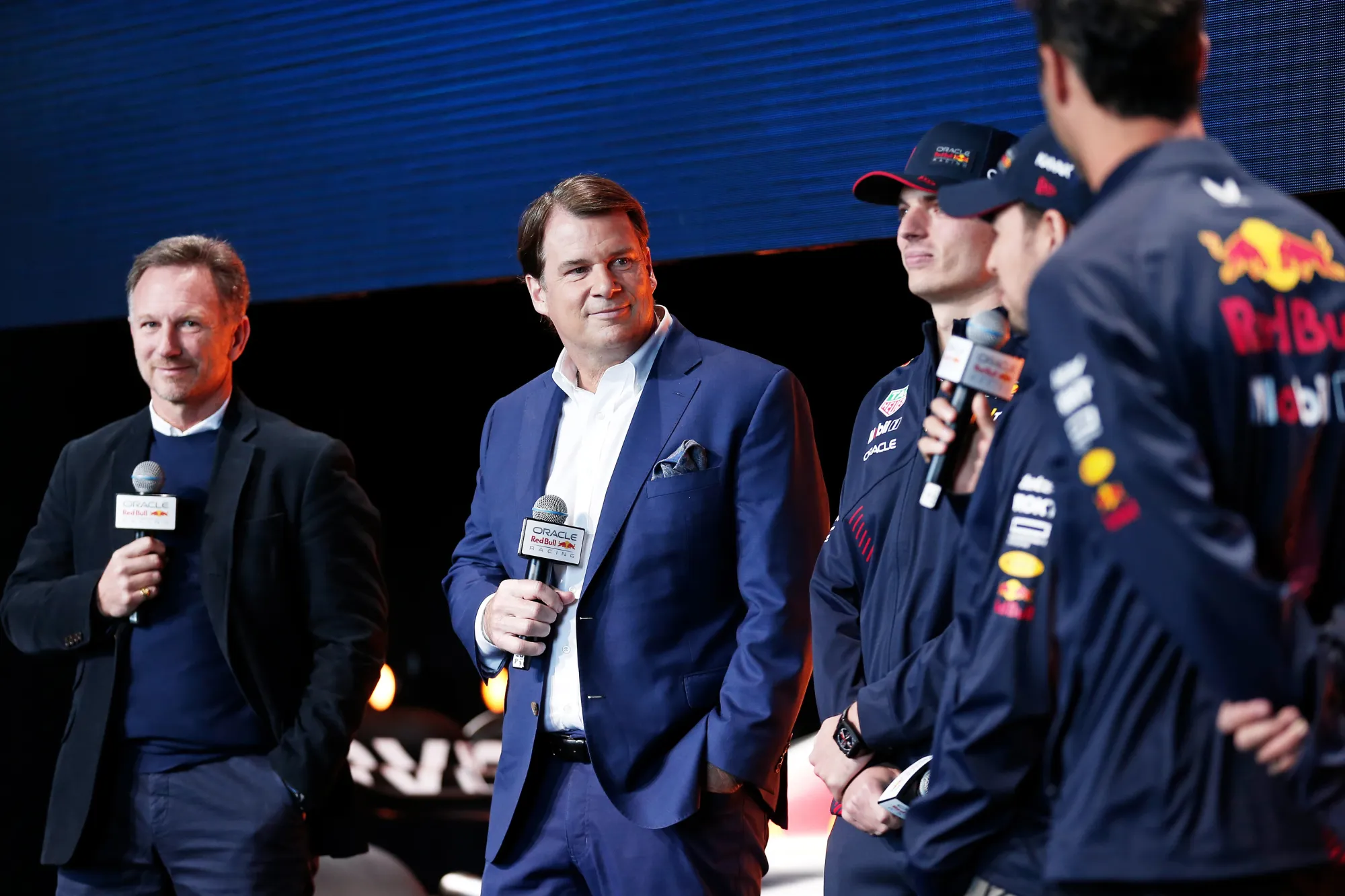 Christian Horner, Jim Farley, Max Verstappen, Sergio Perez and Daniel Ricciardo -Red Bull Content Pool