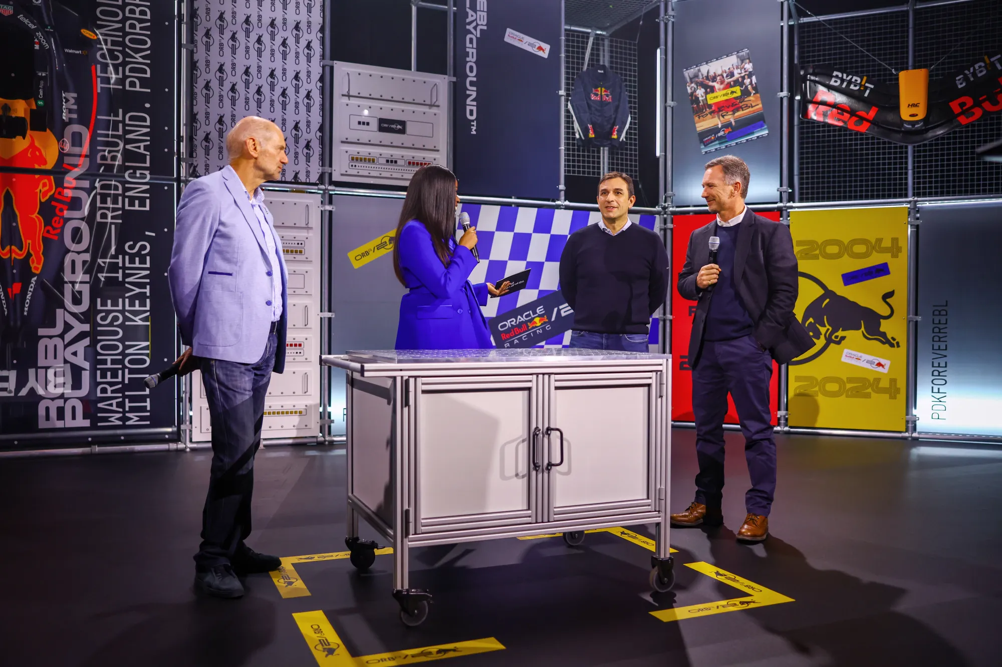 Adrian Newey, Pierre Waché and Christian Horner during the presentation of RB20