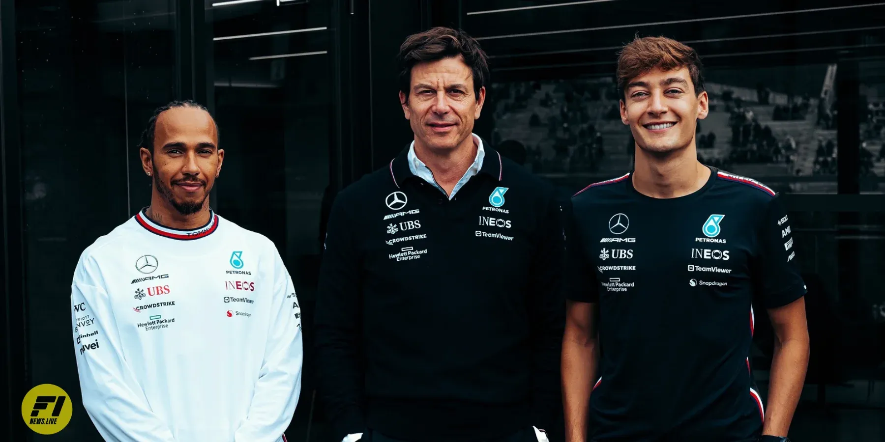 Lewis Hamilton, Toto Wolff and George Russell