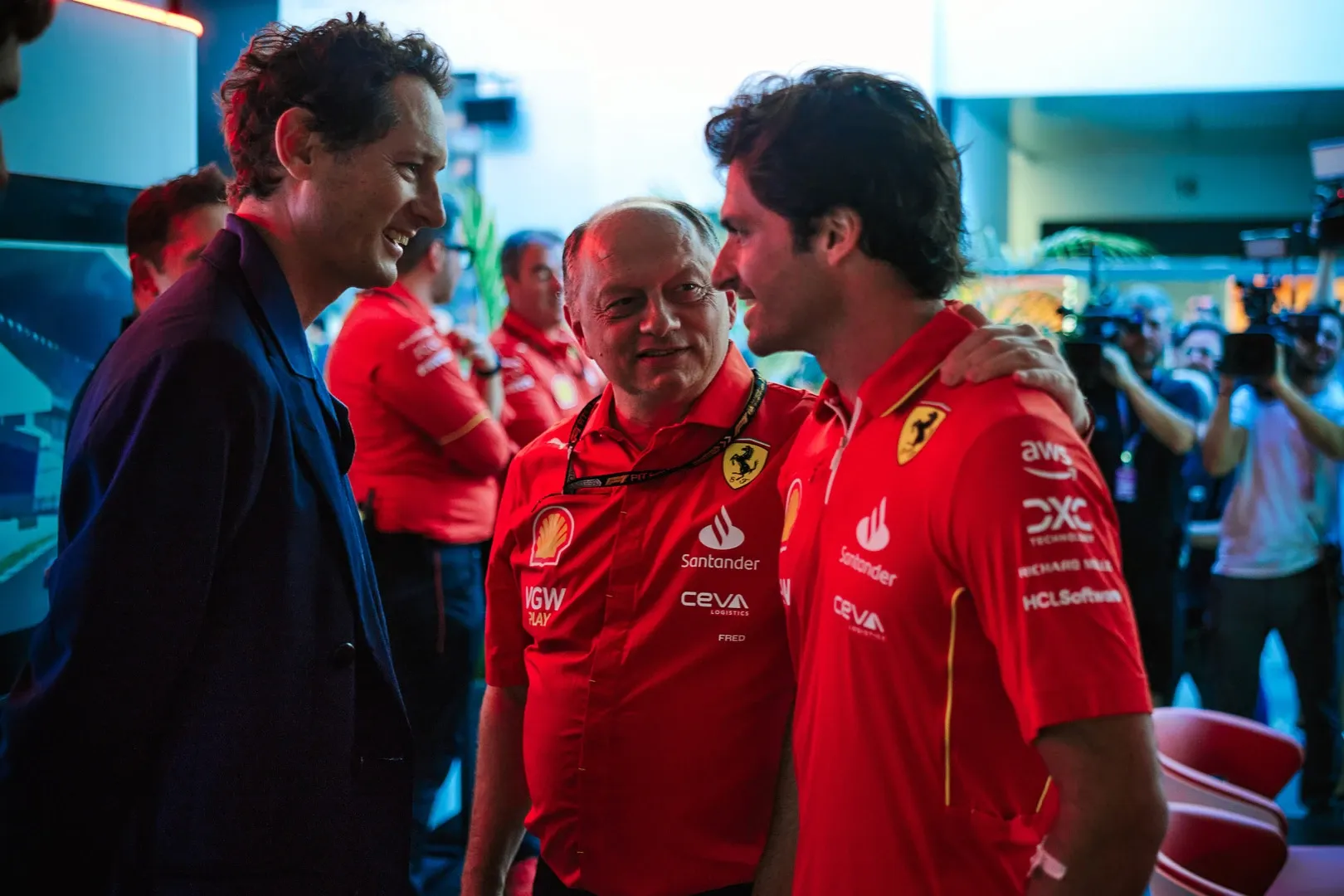 John Elkann, Frederik Vasseur and Carlos Sainz-Ferrari