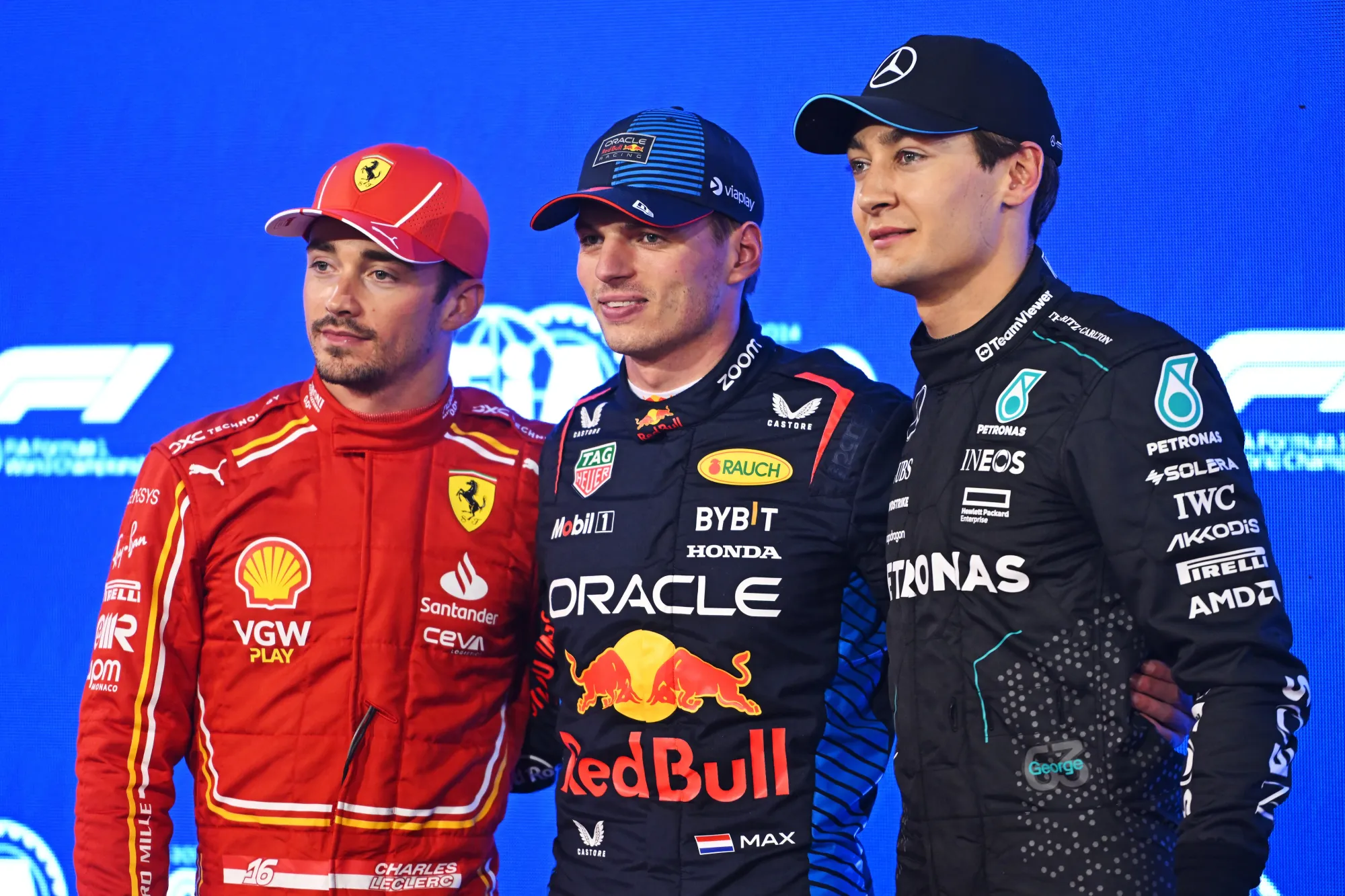 Charles Leclerc, Max Verstappen and George Russell-Red Bull Content Pool