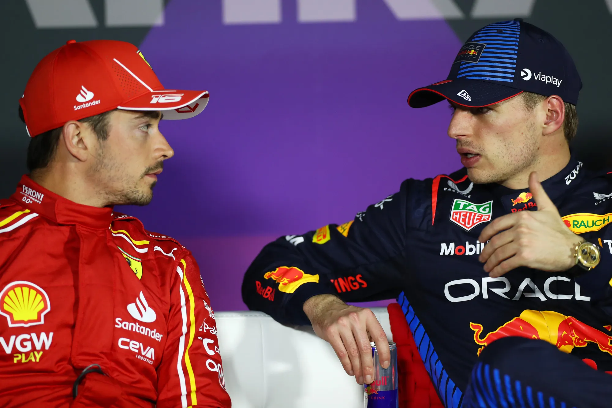 Charles Leclerc, Max Verstappen and George Russell after qualifying at the 2024 BahrainGP-Red Bull Content Pool