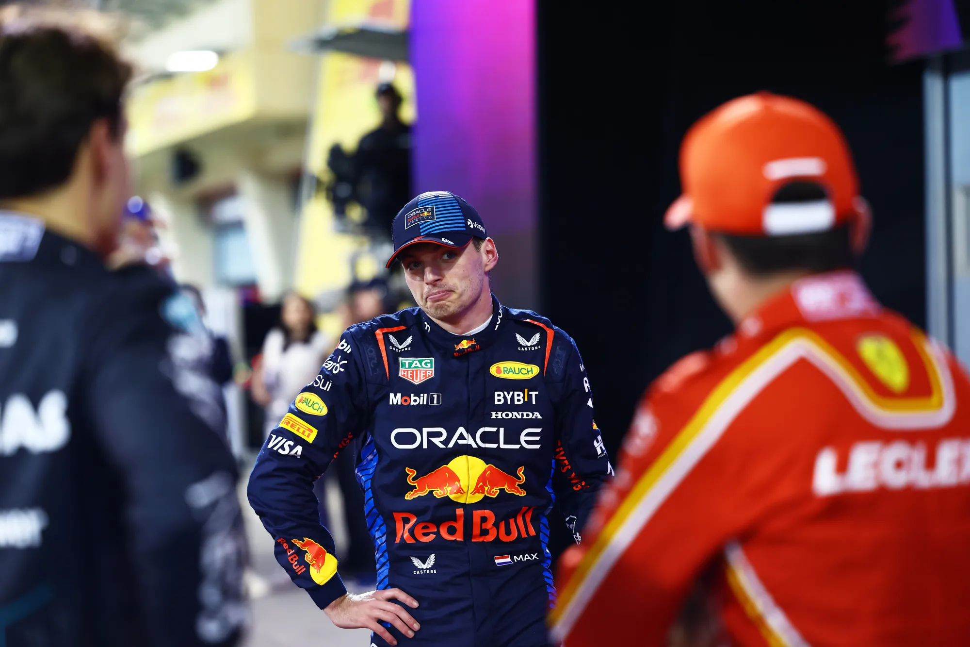 Max Verstappen, Charles Leclerc and George Russell after qualifying at the 2024 BahrainGP