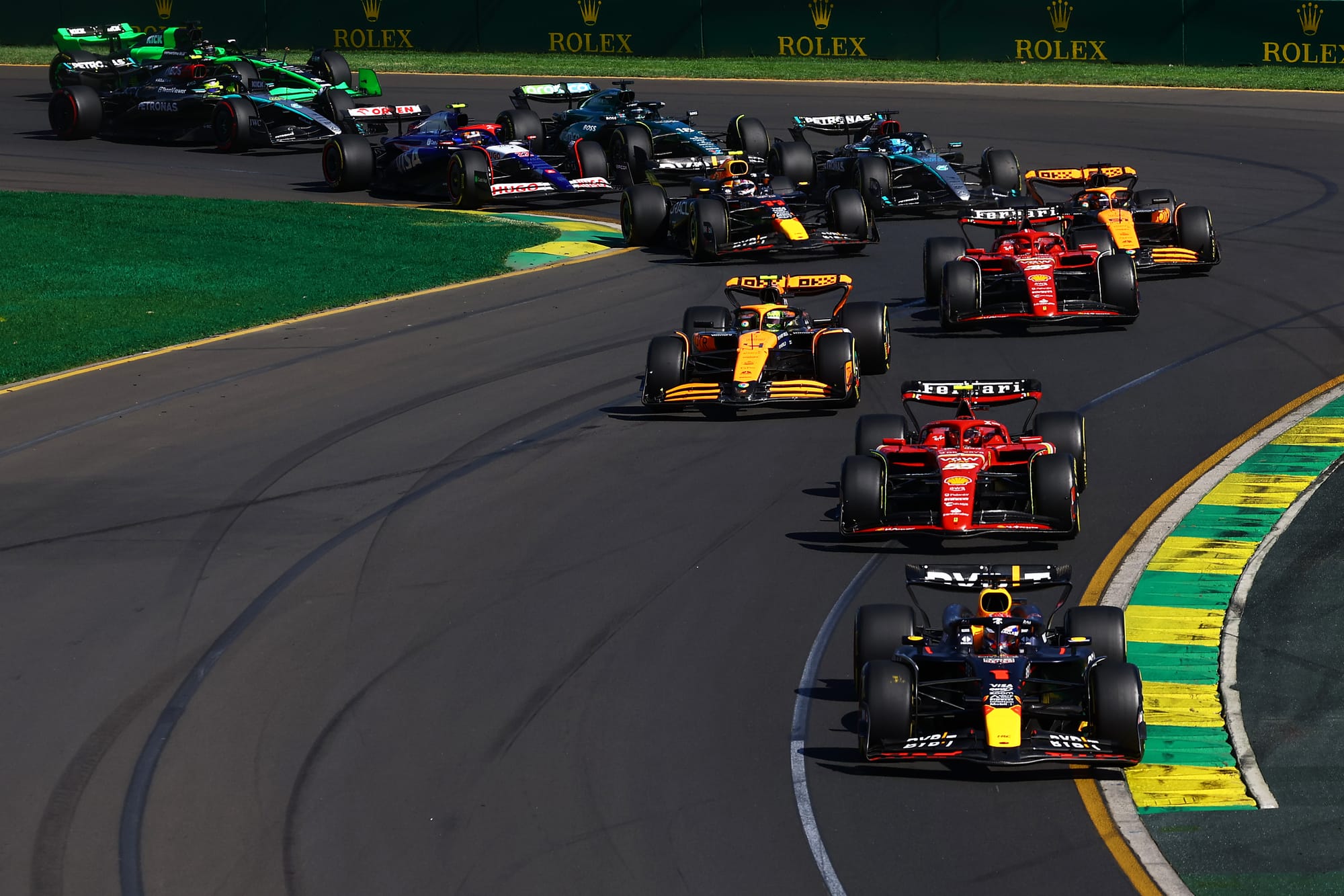 Max Verstappen leading in turn 1 at the 2024 Australian GP-Red Bull Content Pool