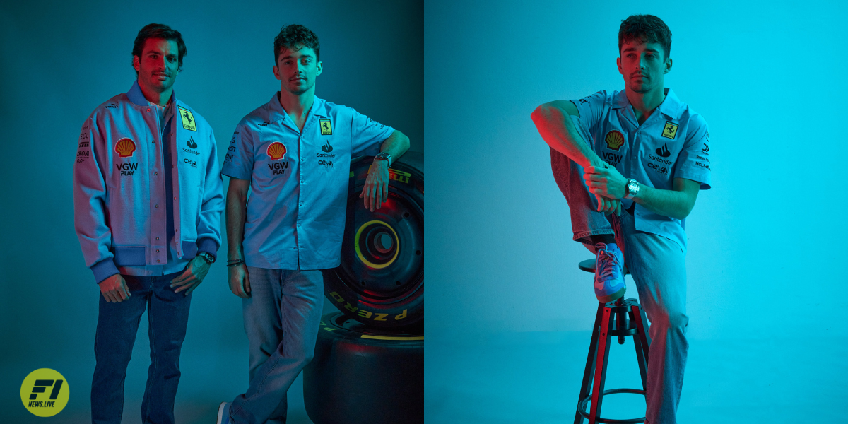 Carlos Sainz and Charles Leclerc with their special blue team kit for the Miami GP-Ferrari