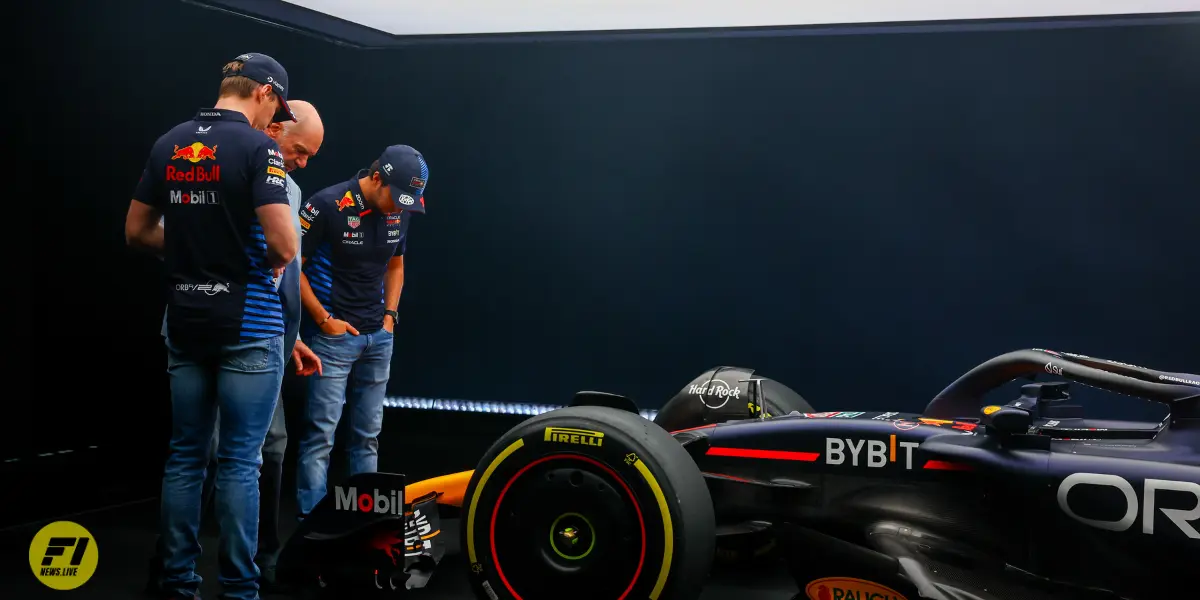 Max Verstappen, Adrian Newey and Sergio Perez