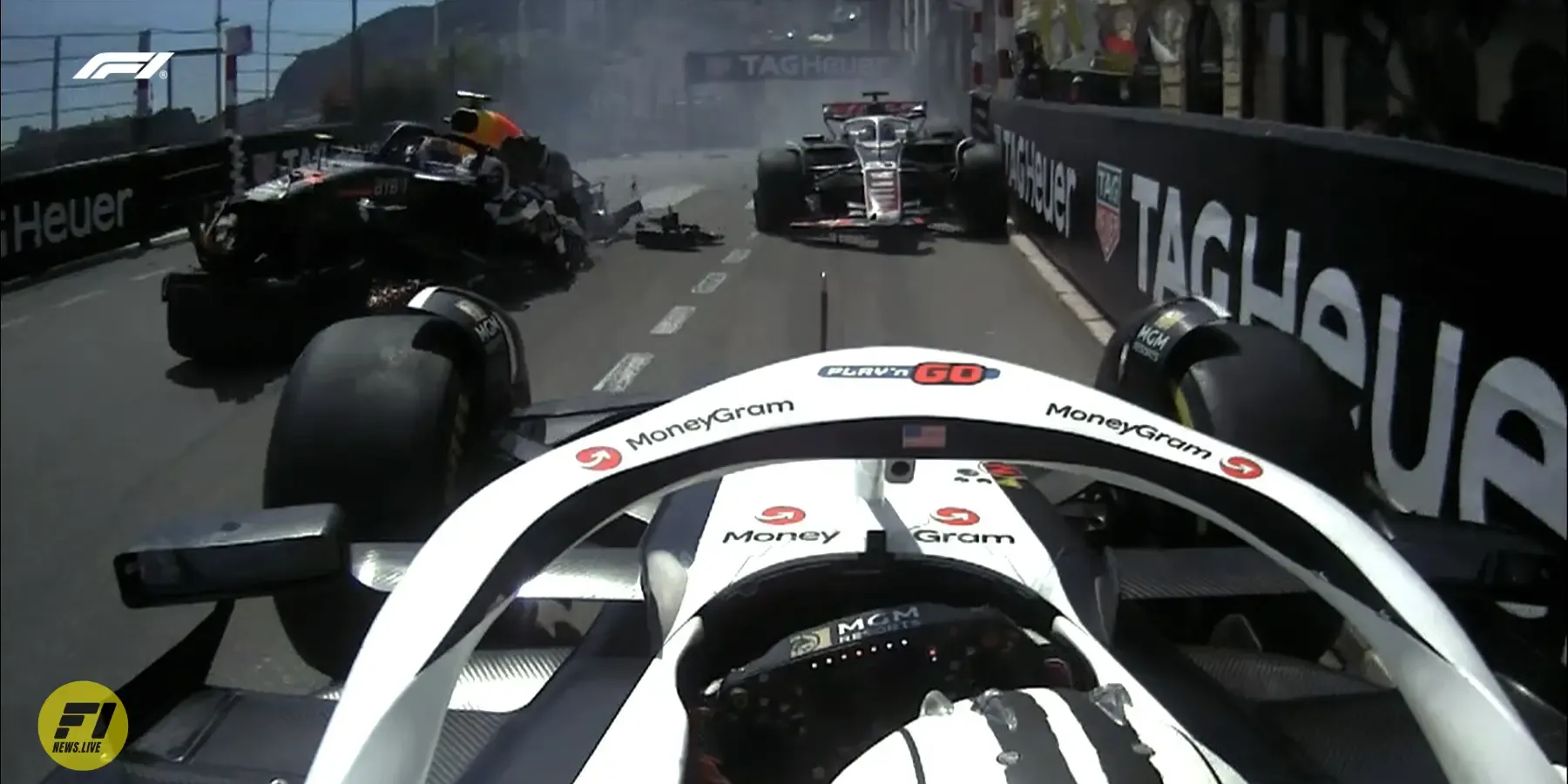 Nico Hulkenberg, Sergio Perez and Kevin Magnissen collide a the start of the 2024 Monaco GP-F1TV